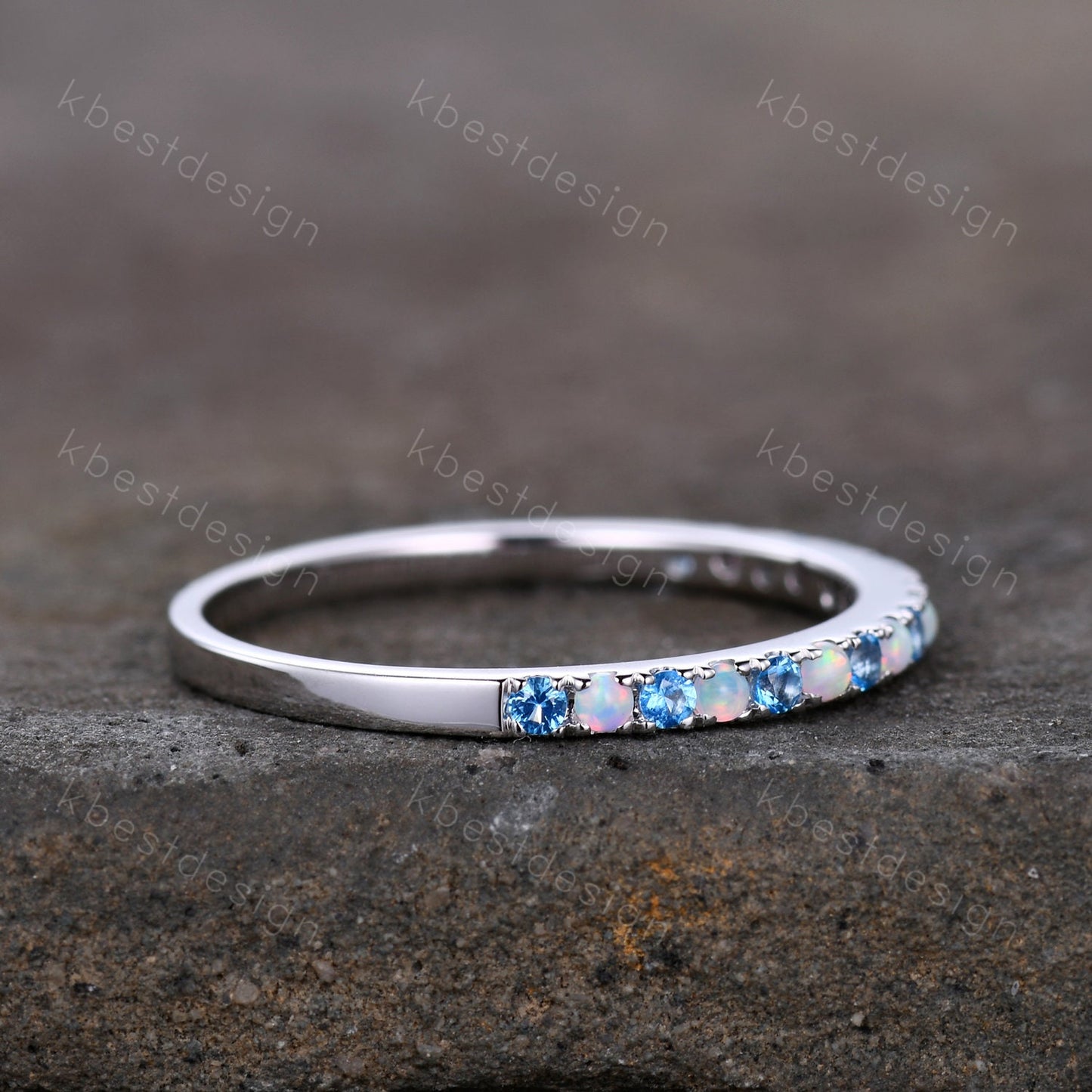 Half Eternity Blue Topaz Opal Wedding Band, Swiss Blue Topaz Wedding Ring, Opal Dainty Stacking Matching Band, Anniversary Ring Gift for Her