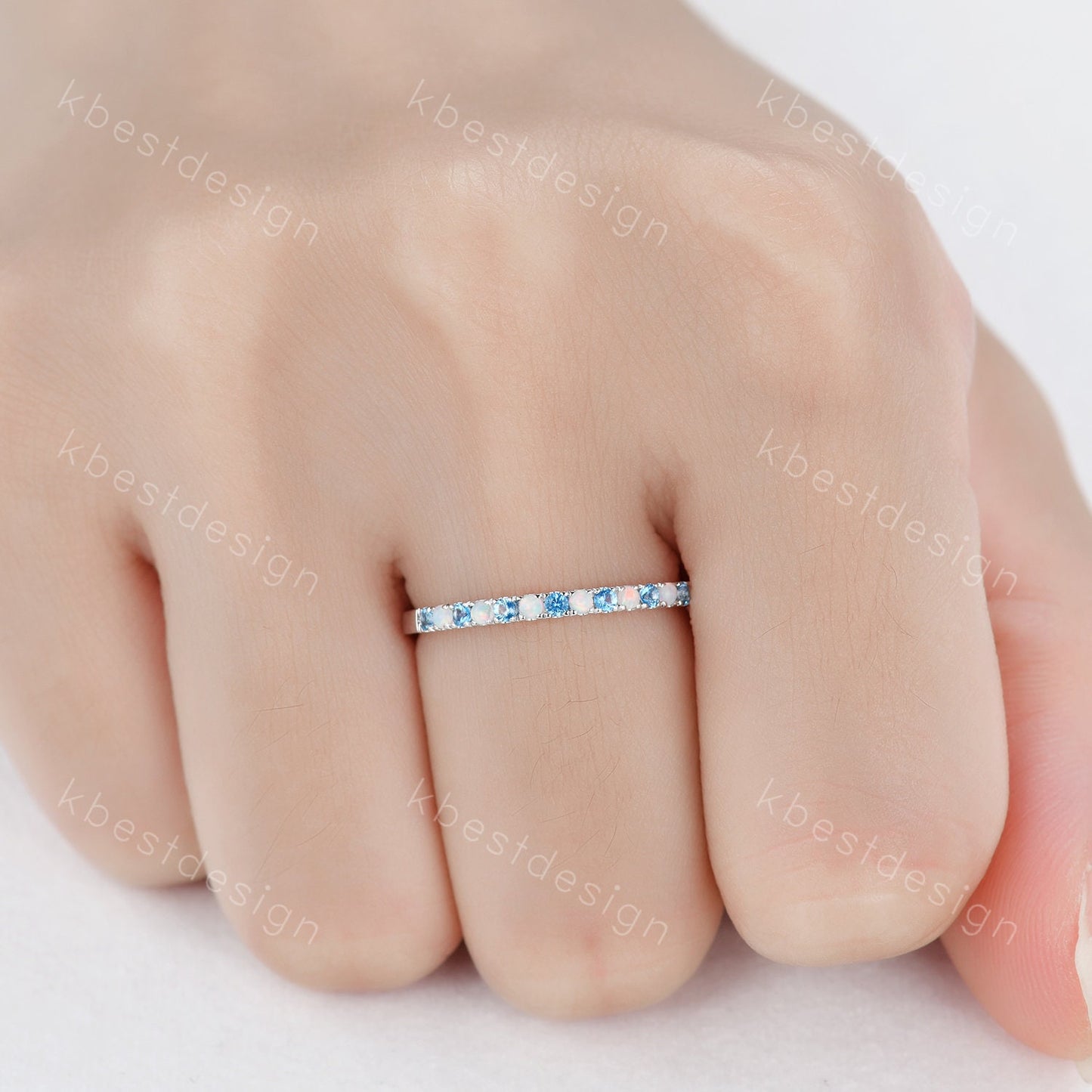 Half Eternity Blue Topaz Opal Wedding Band, Swiss Blue Topaz Wedding Ring, Opal Dainty Stacking Matching Band, Anniversary Ring Gift for Her