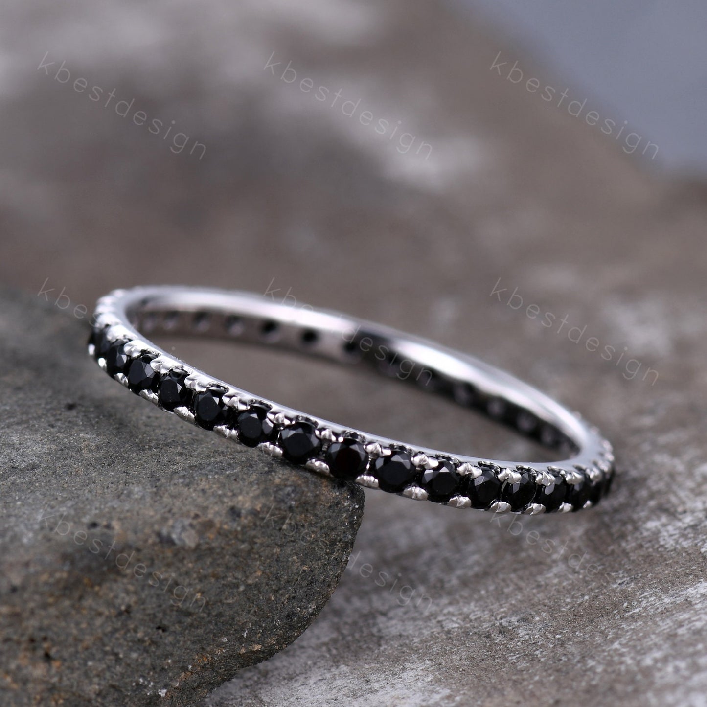 1.5mm Eternity Black Spinel Wedding Band Minimalist Pave Wedding Band White Gold Black Gemstone Stacking Band Anniversary Ring for Her