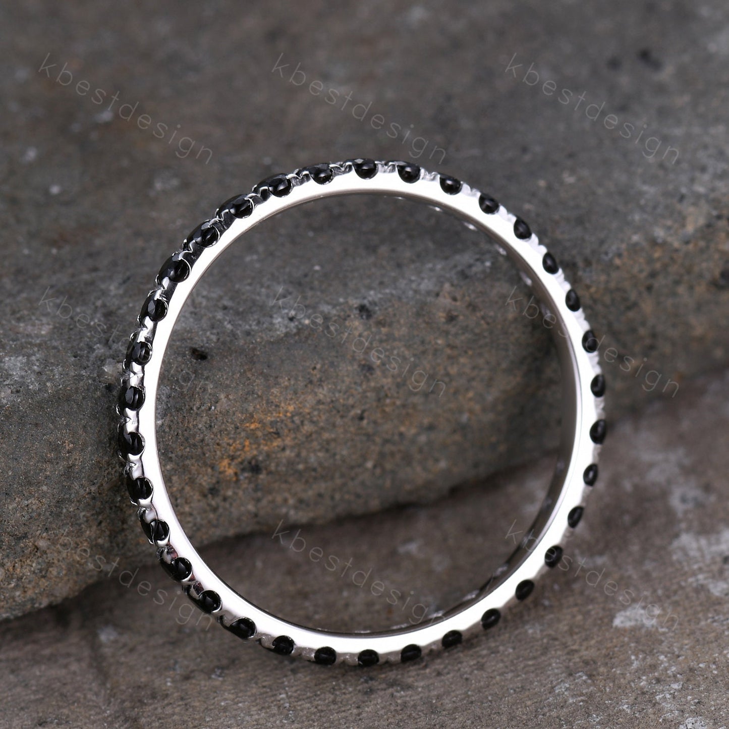 1.5mm Eternity Black Spinel Wedding Band Minimalist Pave Wedding Band White Gold Black Gemstone Stacking Band Anniversary Ring for Her