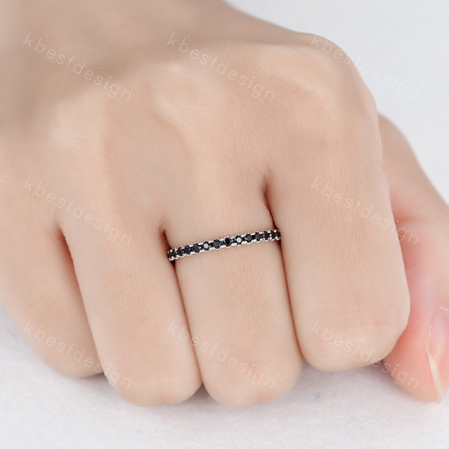 1.5mm Eternity Black Spinel Wedding Band Minimalist Pave Wedding Band White Gold Black Gemstone Stacking Band Anniversary Ring for Her
