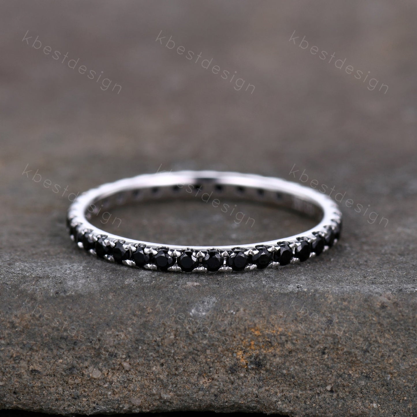 1.5mm Eternity Black Spinel Wedding Band Minimalist Pave Wedding Band White Gold Black Gemstone Stacking Band Anniversary Ring for Her