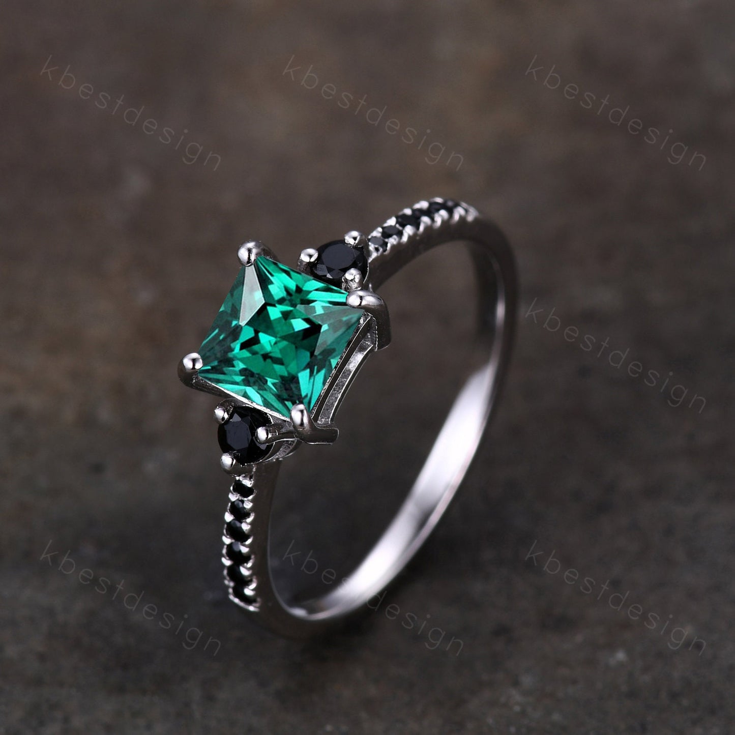 Princess Cut Green Emerald Engagement Ring Unique Black Spinel Ring Sterling Silver Ring Three stone ring May Birthstone Promise Ring