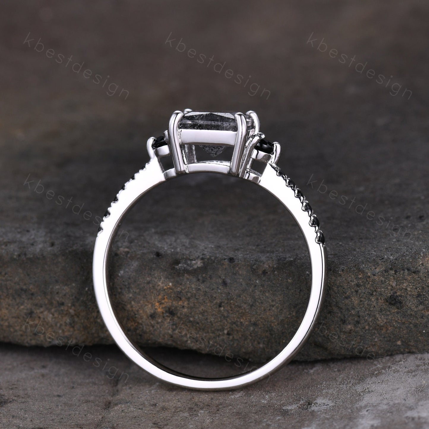 Princess Cut Green Emerald Engagement Ring Unique Black Spinel Ring Sterling Silver Ring Three stone ring May Birthstone Promise Ring