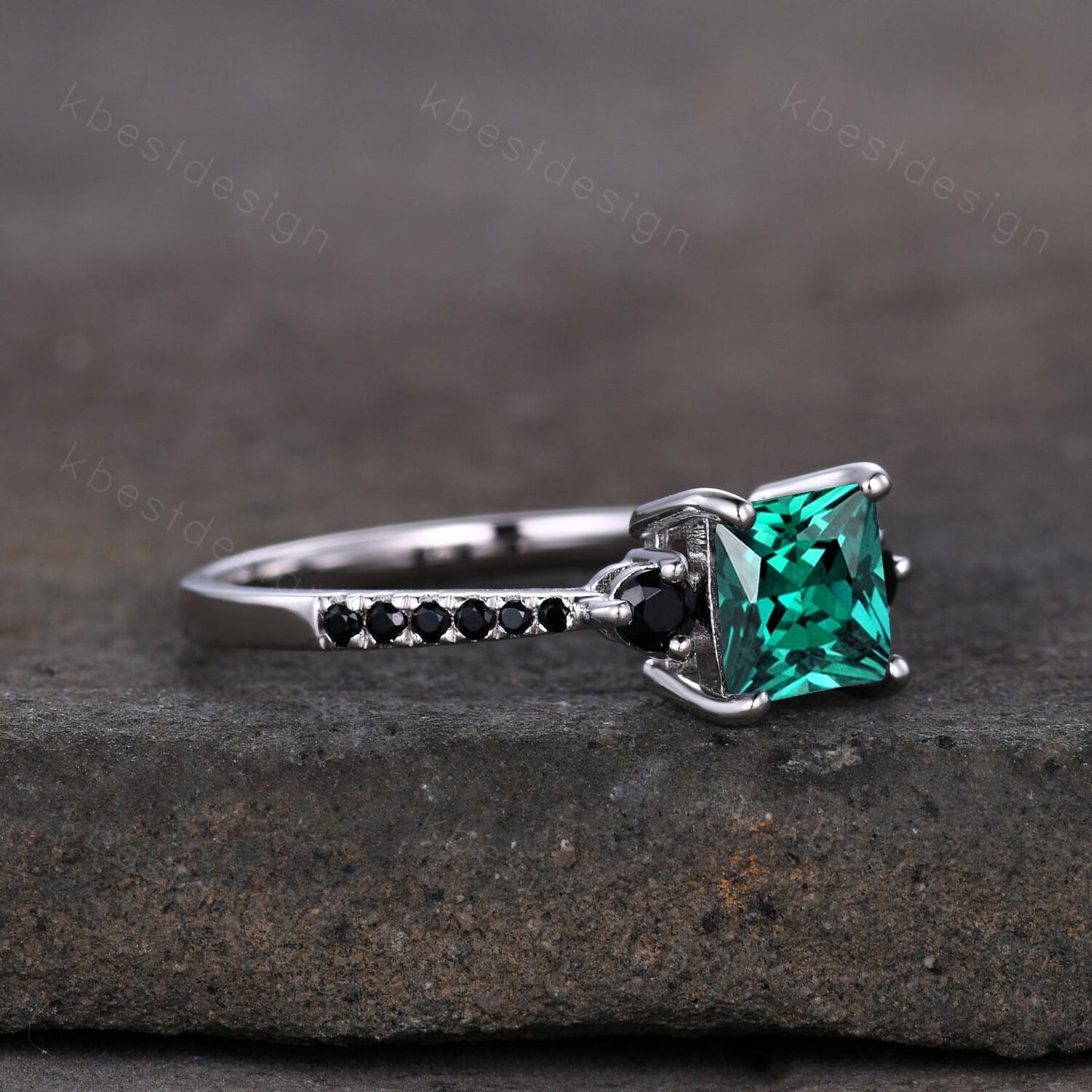 Princess Cut Green Emerald Engagement Ring Unique Black Spinel Ring Sterling Silver Ring Three stone ring May Birthstone Promise Ring