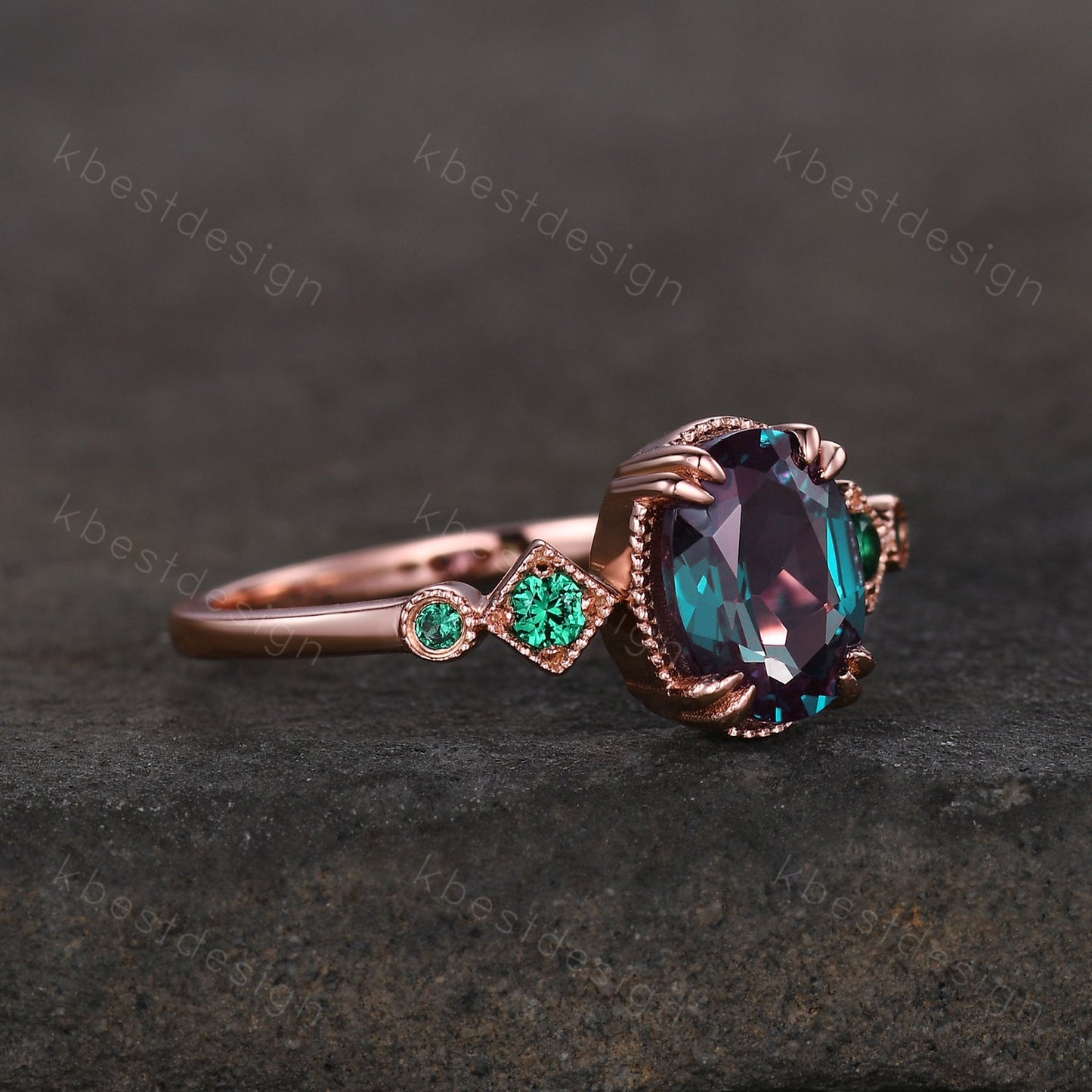 Alexandrite ring art deco vintage oval Alexandrite engagement ring five stone emerald ring women rose gold rings promise anniversary ring