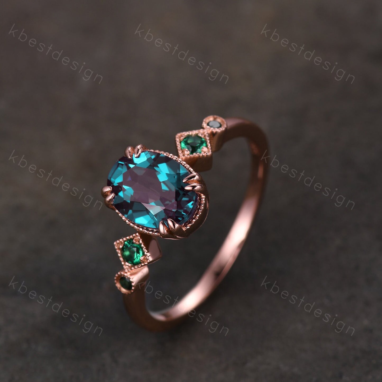 Alexandrite ring art deco vintage oval Alexandrite engagement ring five stone emerald ring women rose gold rings promise anniversary ring