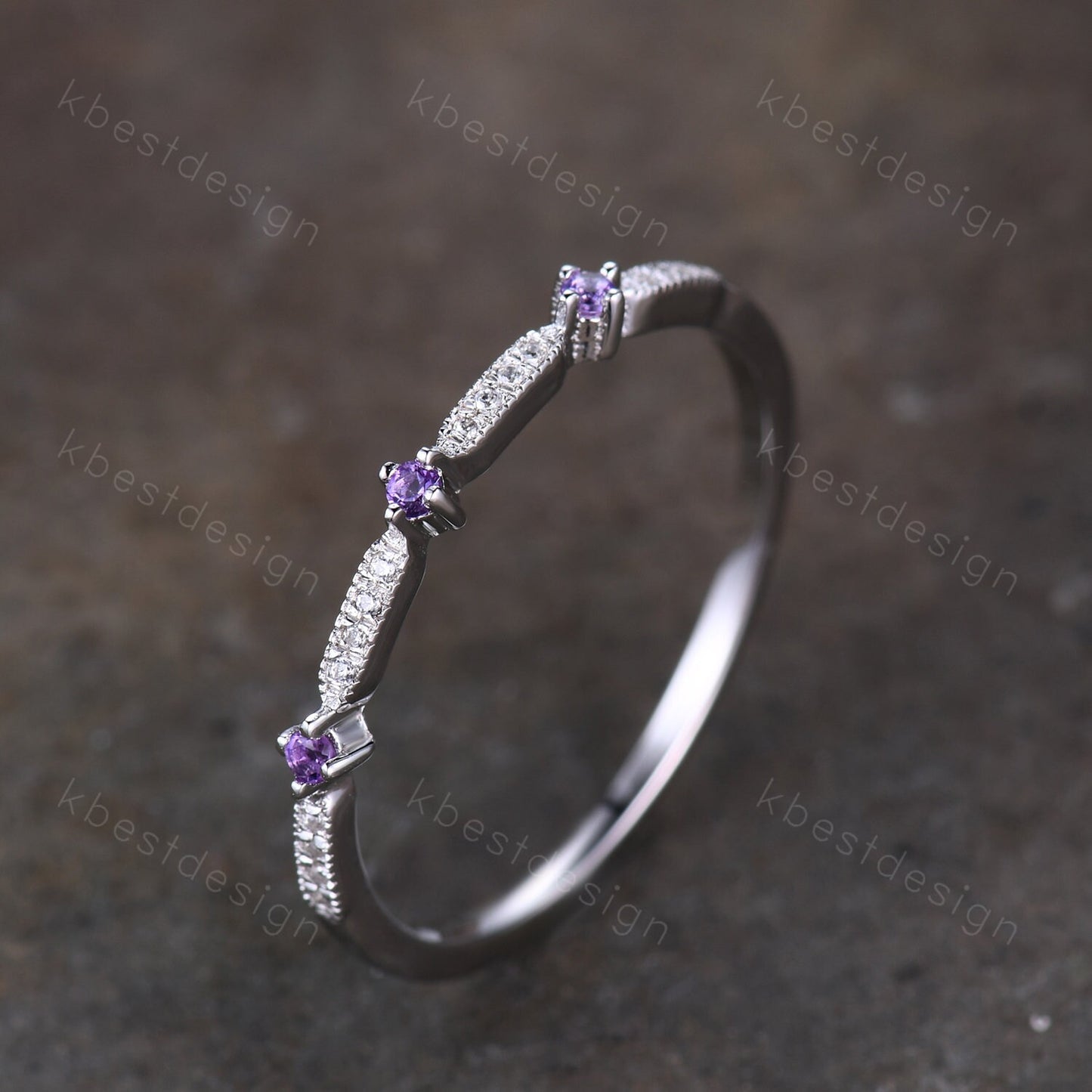 Delicate Amethyst Wedding Band Amethyst & Moissanite Wedding Band Half Eternity Matching Band Stackable Minimalist Bridal Anniversary Ring