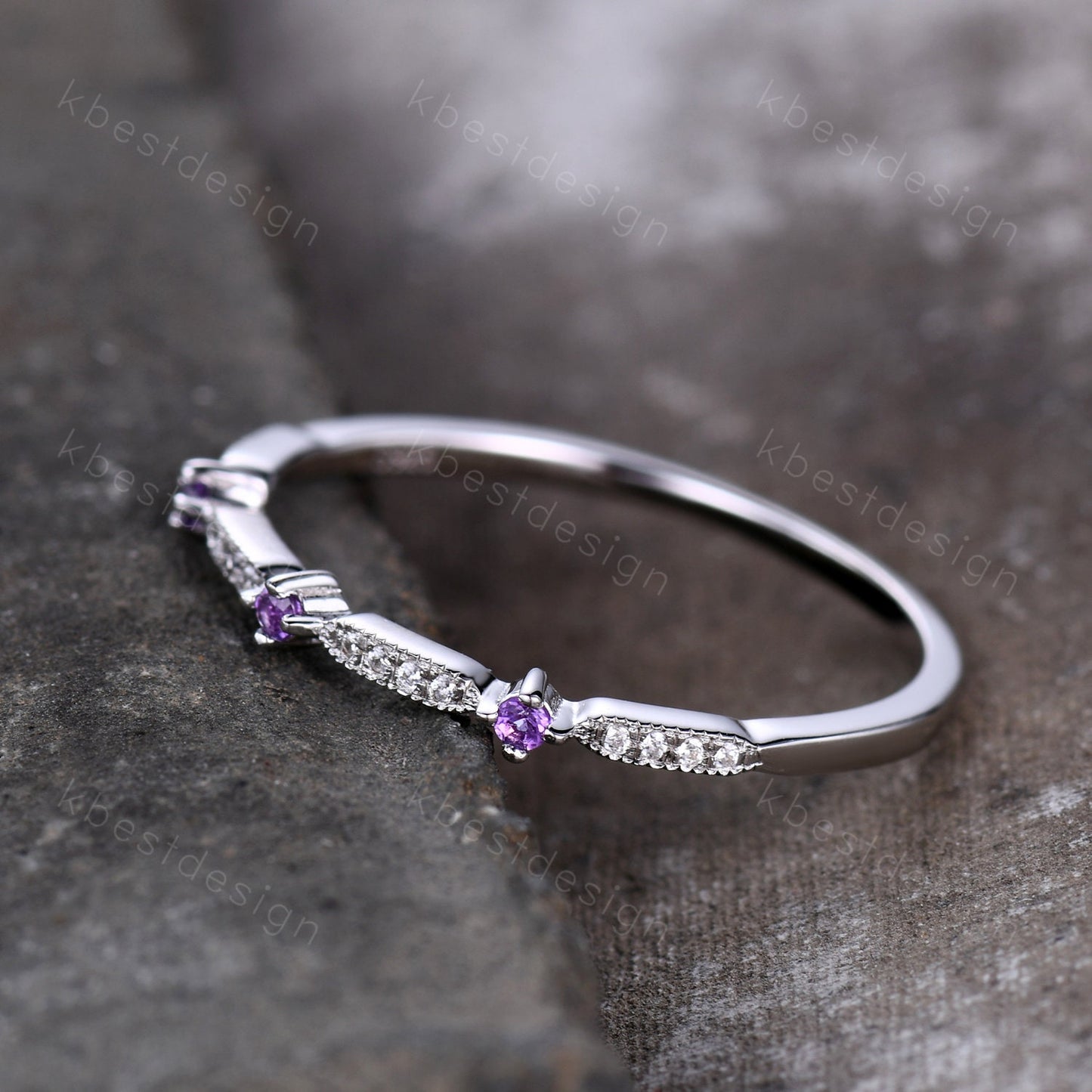 Delicate Amethyst Wedding Band Amethyst & Moissanite Wedding Band Half Eternity Matching Band Stackable Minimalist Bridal Anniversary Ring