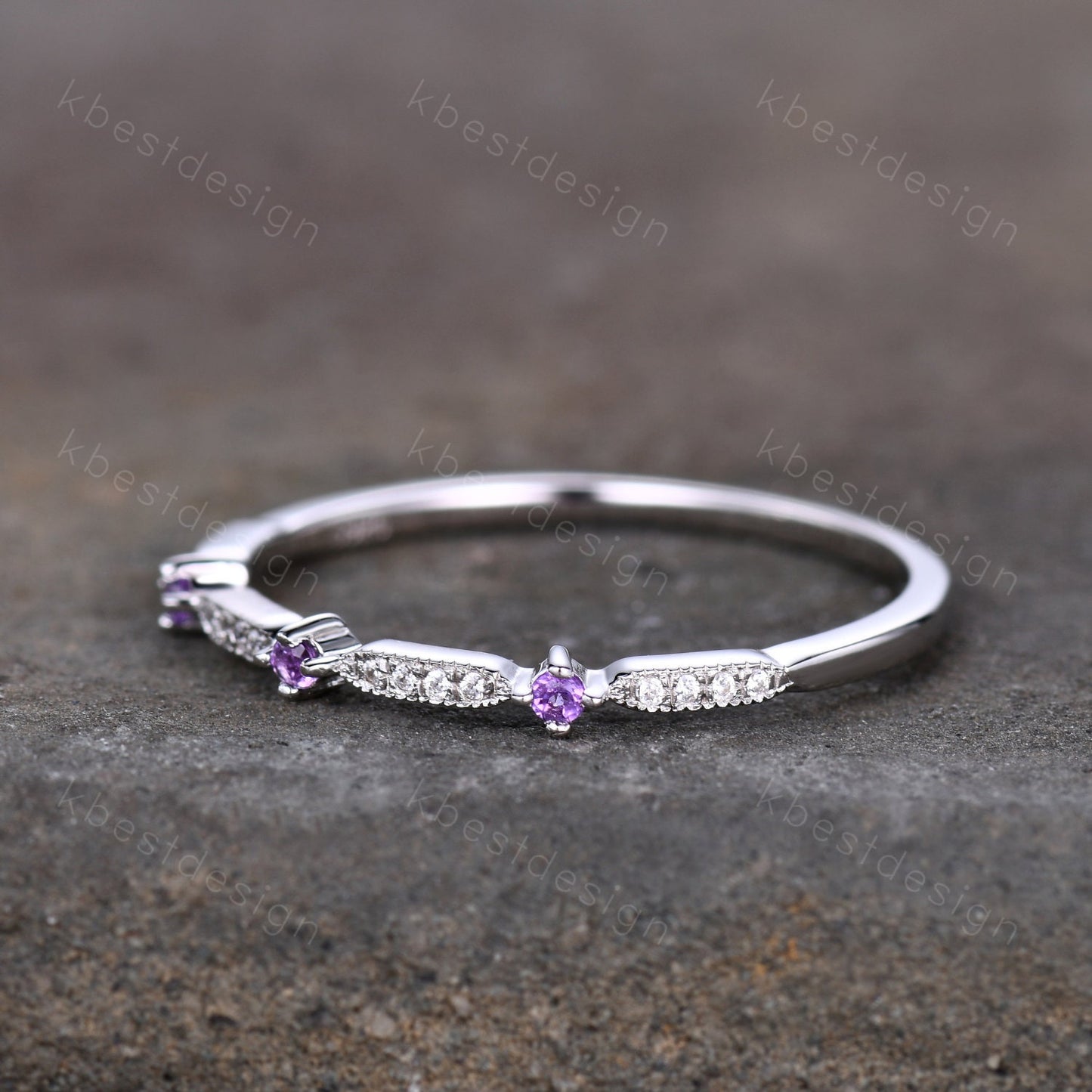 Dainty Amethyst Moissanite Wedding Band 14K Solid Gold Wedding Band Half Eternity Matching Band Stackable Minimalist Bridal Anniversary Ring