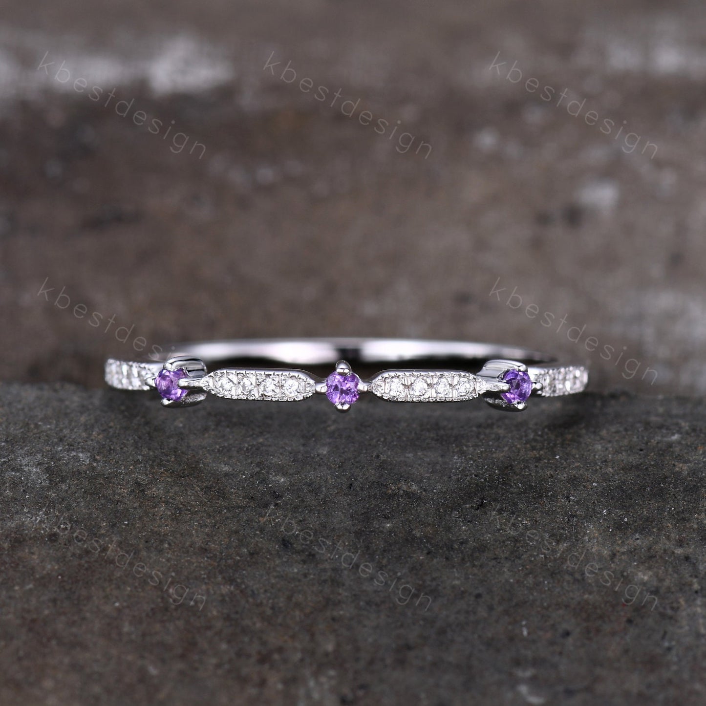 Delicate Amethyst Wedding Band Amethyst & Moissanite Wedding Band Half Eternity Matching Band Stackable Minimalist Bridal Anniversary Ring