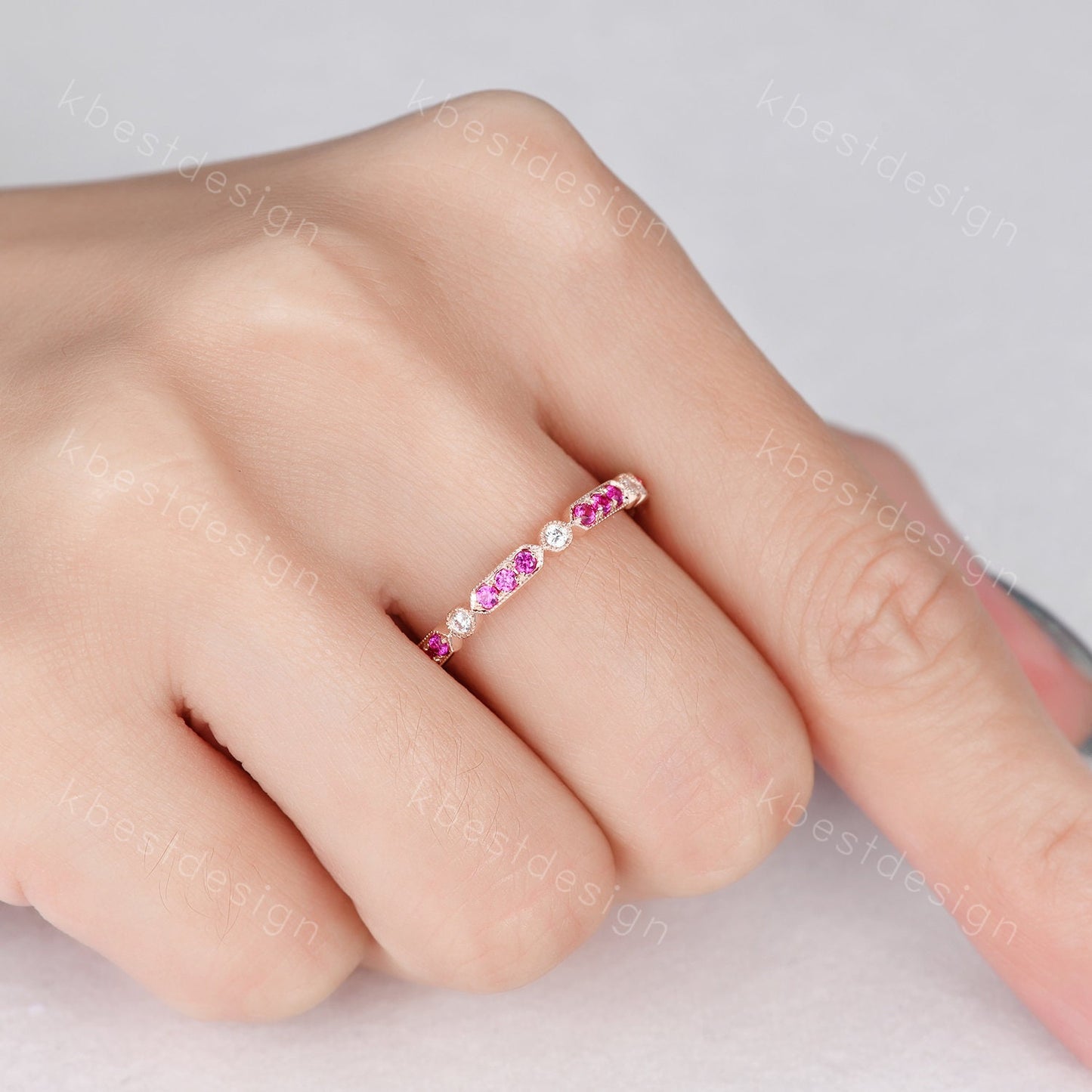 Vintage Ruby wedding band rose gold ruby moissanite wedding ring unique art deco eternity band July birthstone ring anniversary gift