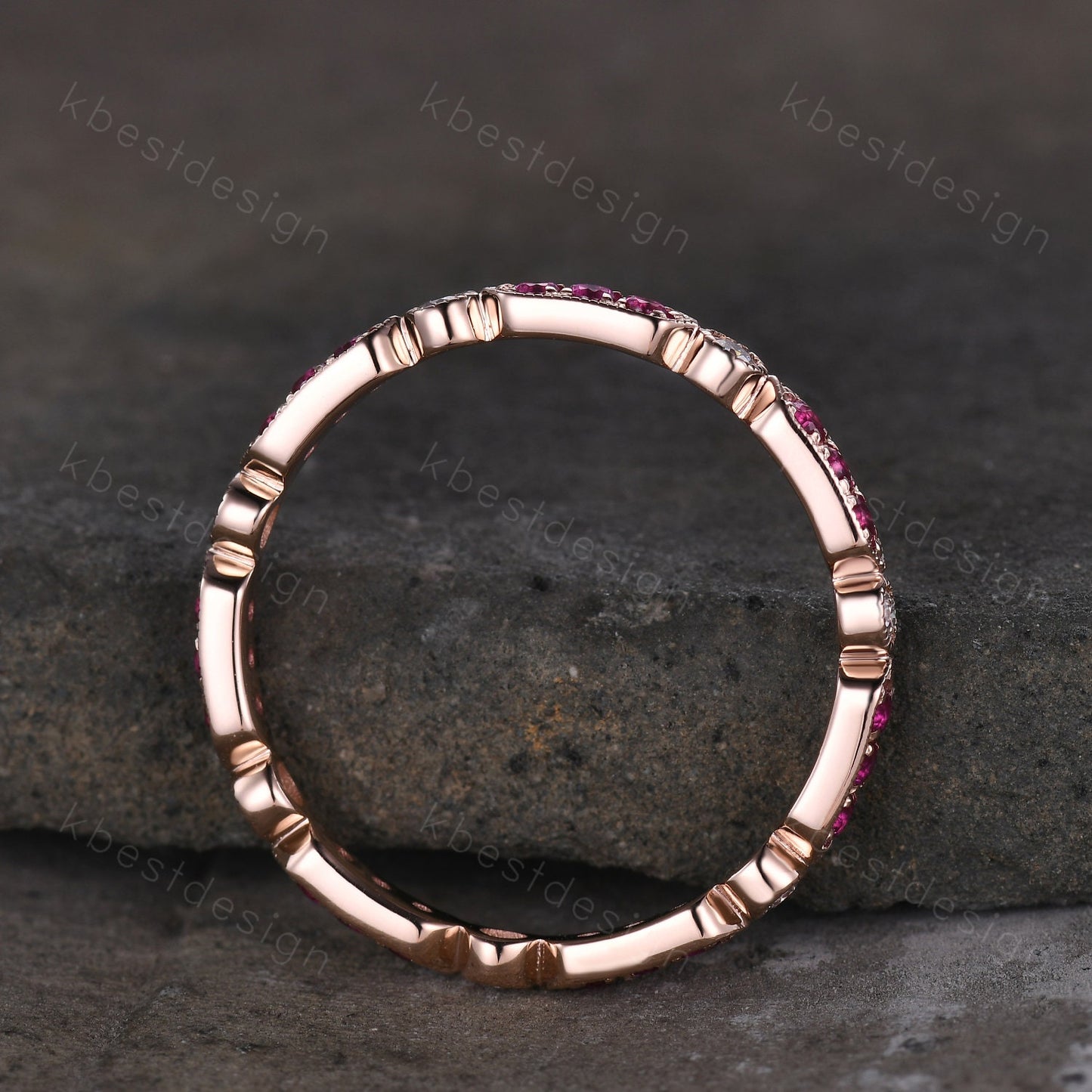 Vintage Ruby wedding band rose gold ruby moissanite wedding ring unique art deco eternity band July birthstone ring anniversary gift