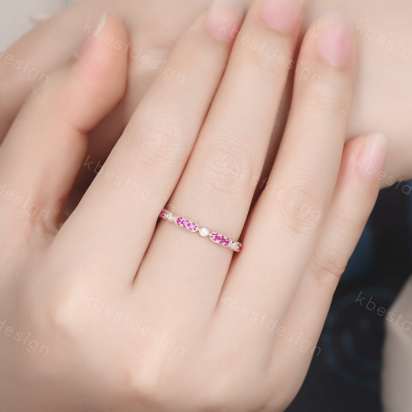 Vintage Ruby wedding band rose gold ruby moissanite wedding ring unique art deco eternity band July birthstone ring anniversary gift