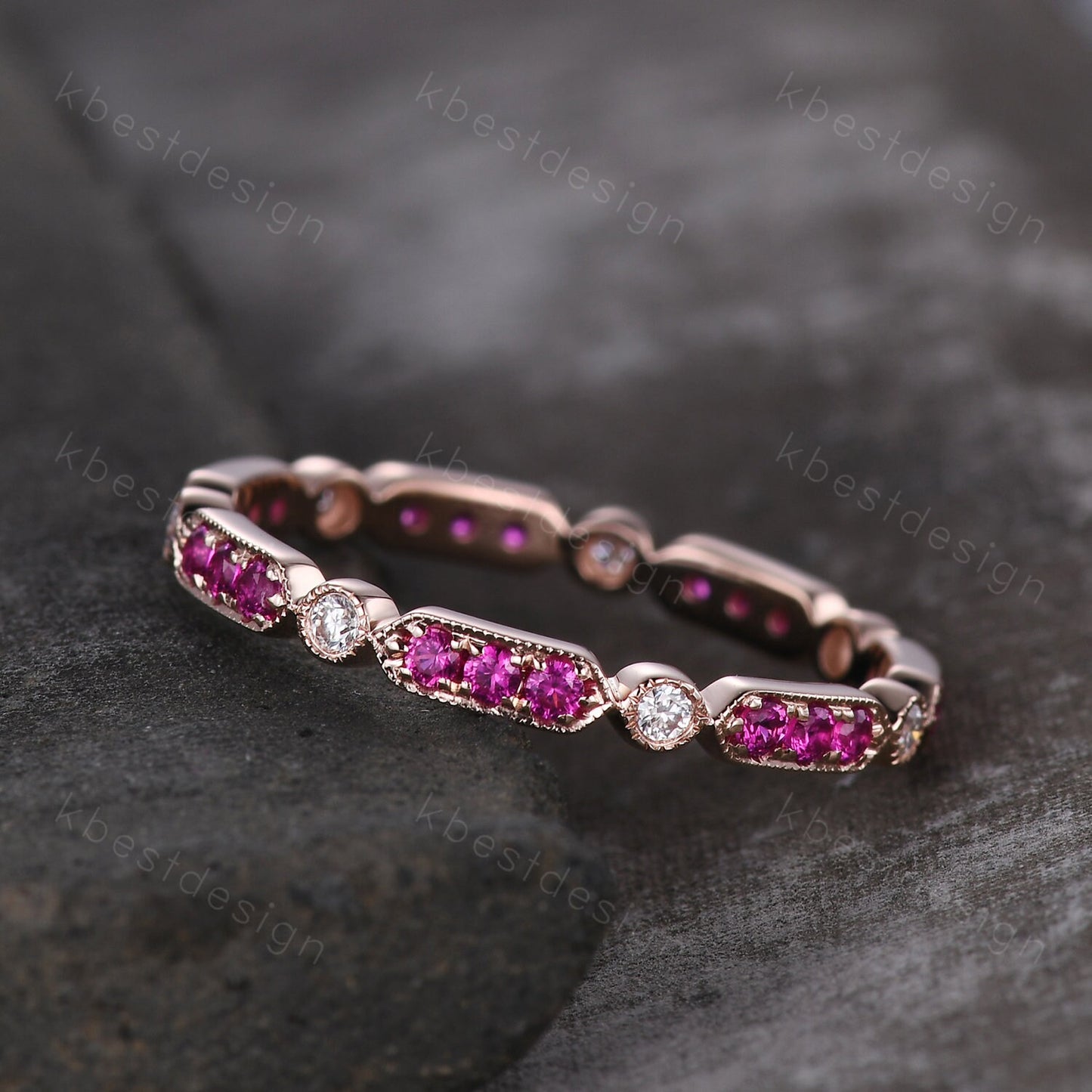 Vintage Ruby wedding band rose gold ruby moissanite wedding ring unique art deco eternity band July birthstone ring anniversary gift