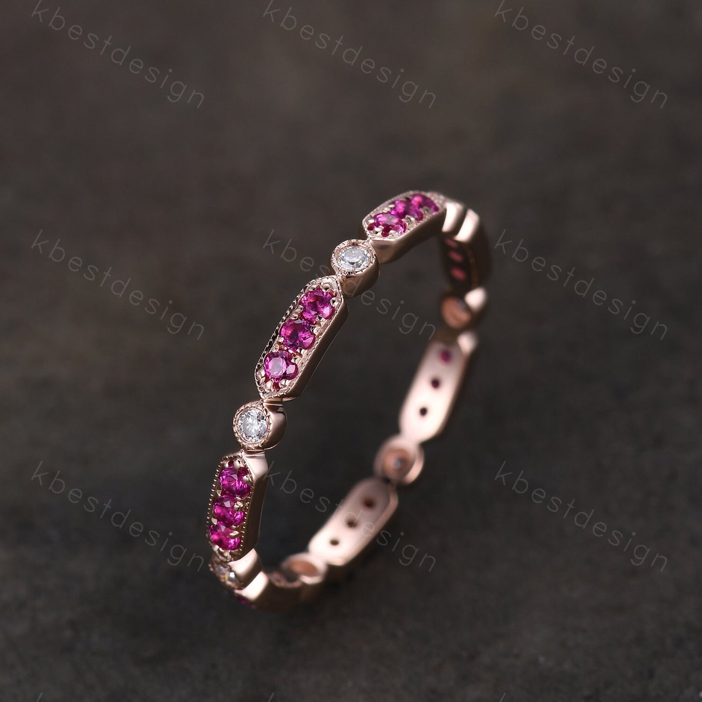 Vintage Ruby wedding band rose gold ruby moissanite wedding ring unique art deco eternity band July birthstone ring anniversary gift