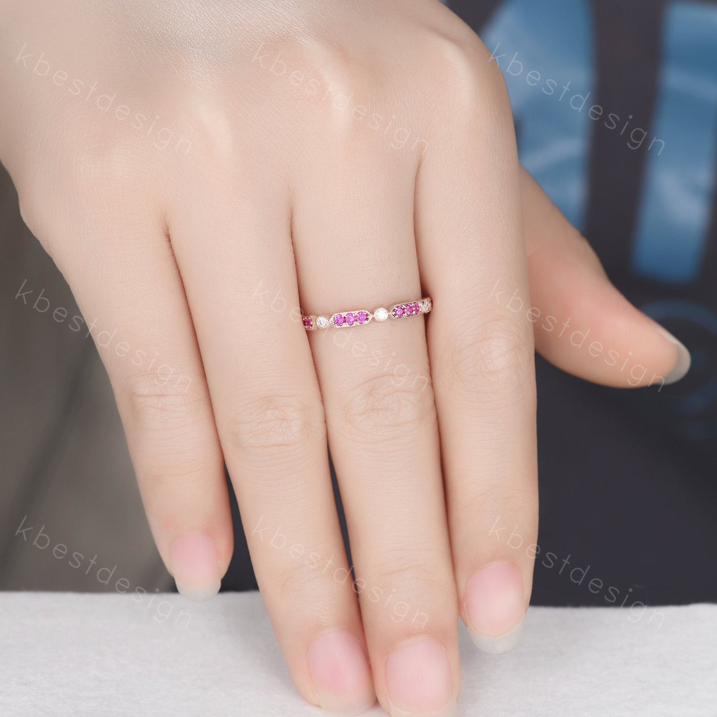 Vintage Ruby wedding band rose gold ruby moissanite wedding ring unique art deco eternity band July birthstone ring anniversary gift