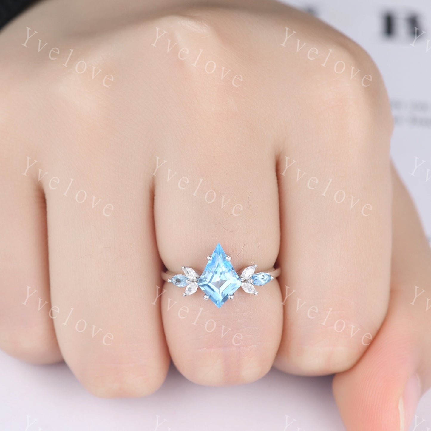 Vintage Kite Cut Swiss Blue Topaz Engagement Ring Set,Unique Bridal Ring Set,Marquise Topaz Matching Band,White Gold Women Anniversary Ring