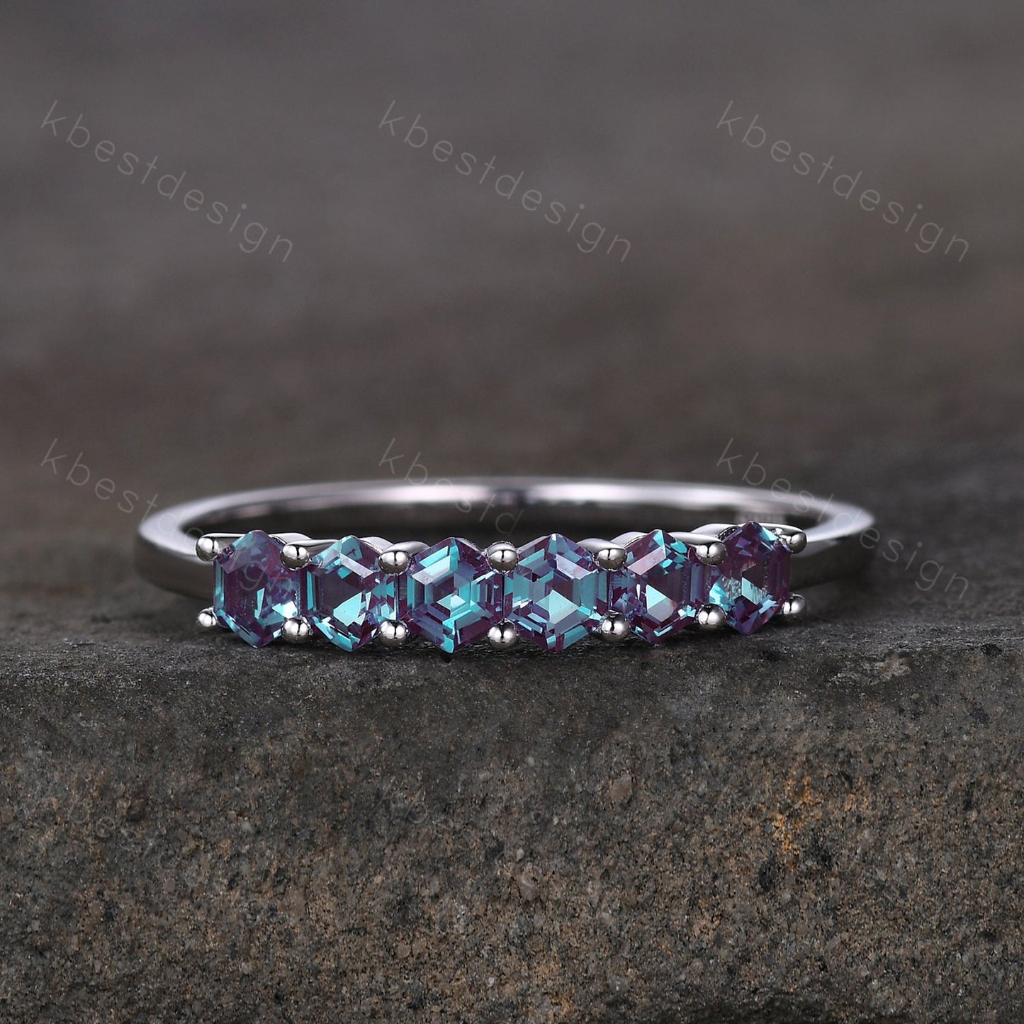 Hexagon cut Alexandrite wedding ring Unique rose gold wedding band 6-stone ring Minimalist Bridal matching stackable band June Birthstone