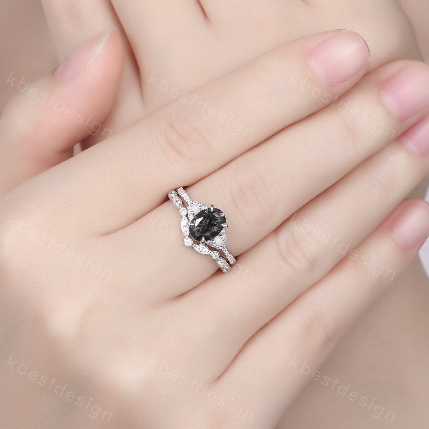 Vintage black rutilated quartz engagement ring 14k rose gold oval cut ring art deco curved stacking band unique bridal wedding ring set
