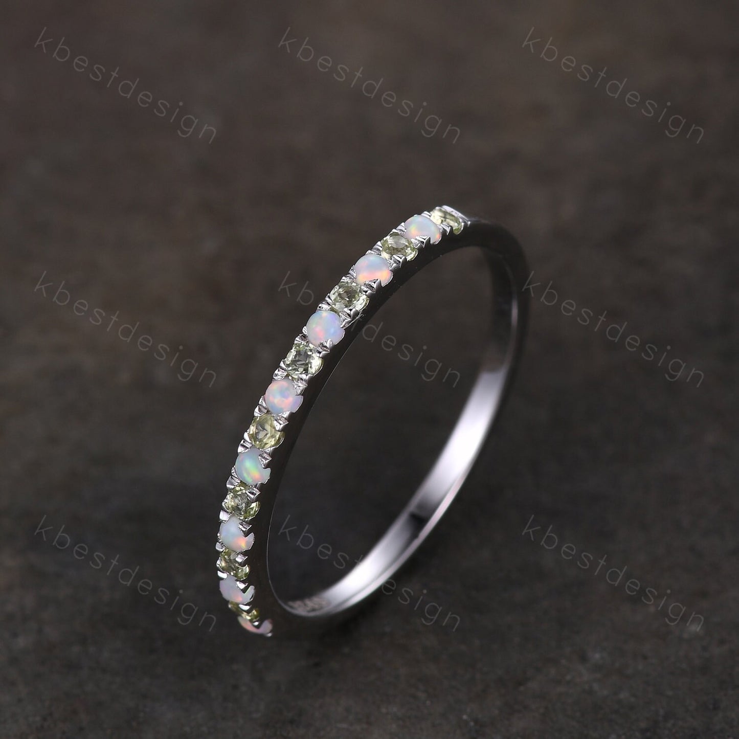 Half Eternity Peridot Opal Wedding Band, Silver Opal Wedding Band, Peridot Wedding Ring Dainty Stacking Matching Band, Anniversary Ring Gift