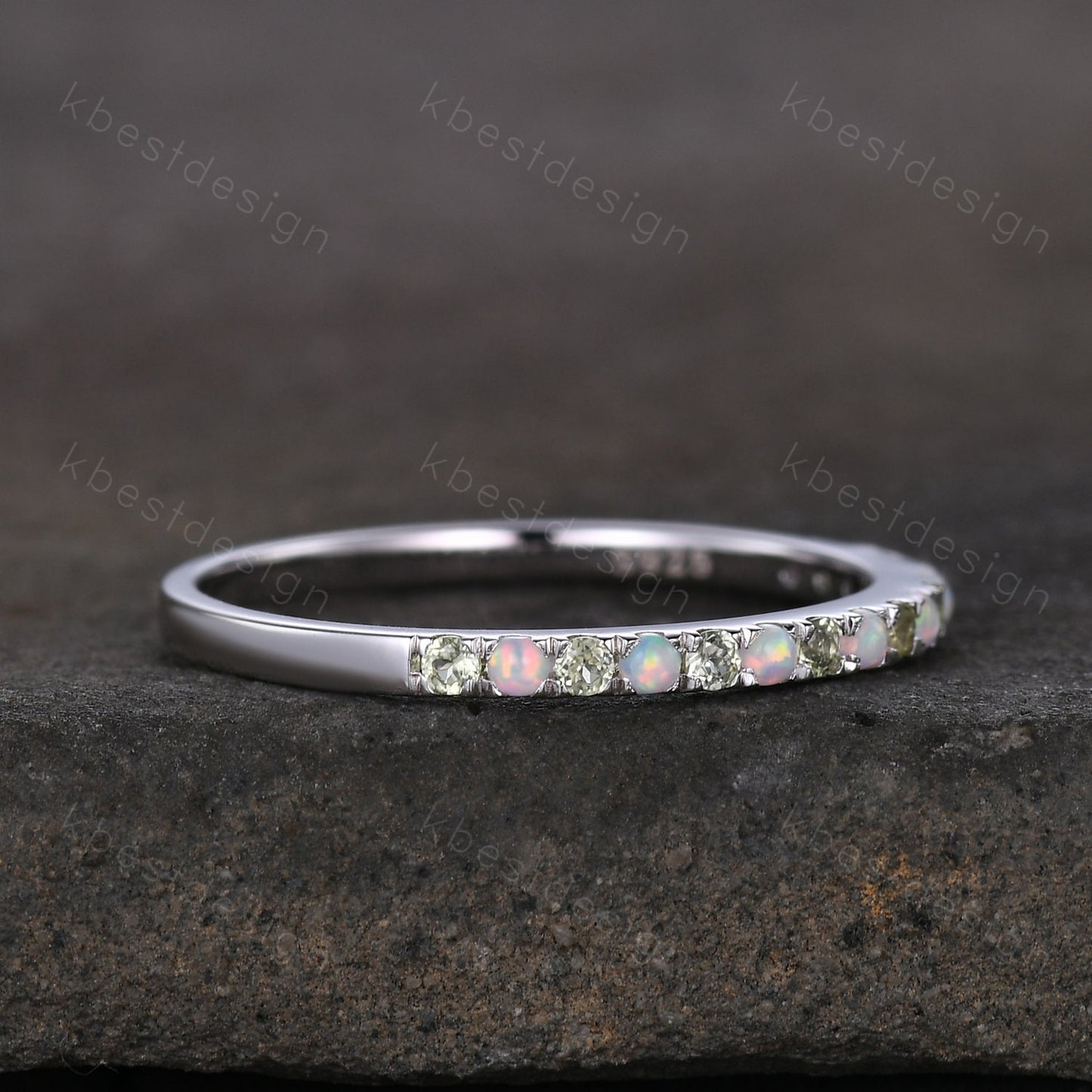 Half Eternity Peridot Opal Wedding Band, Silver Opal Wedding Band, Peridot Wedding Ring Dainty Stacking Matching Band, Anniversary Ring Gift