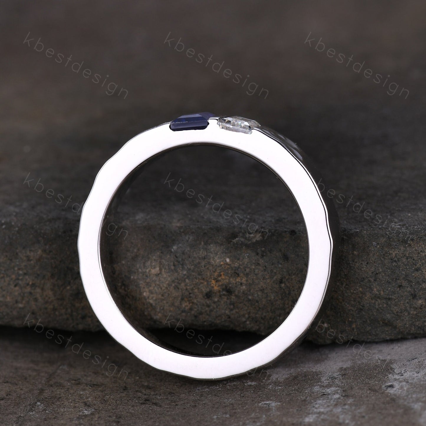 Mens Blue Sapphire Wedding Band Baguette cut Moissanite Wedding Ring 5MM Solid Gold Ring Mens Hammered Stacking Matching Band Personalized