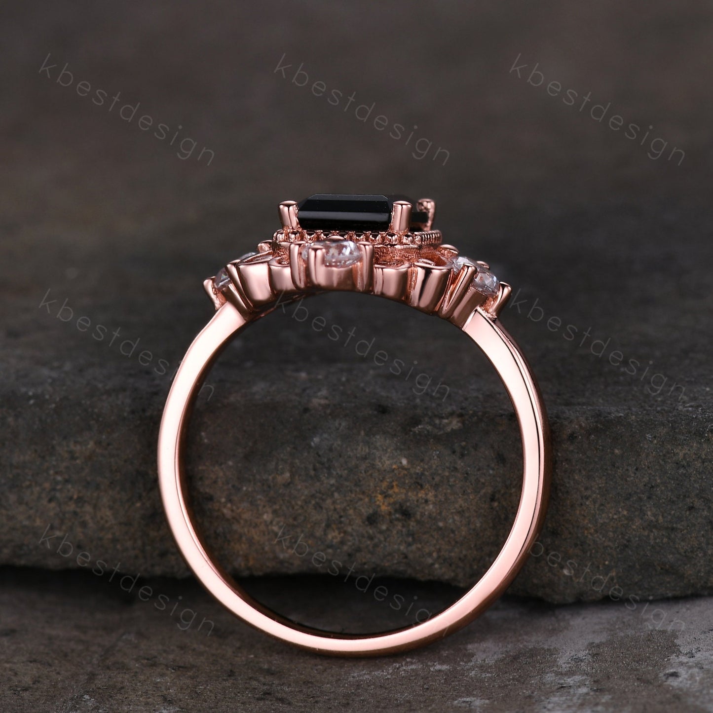 Vintage black onyx engagement ring 6x8mm emerald cut black onyx ring unique antique moissanite ring black stone ring rose gold Bridal ring