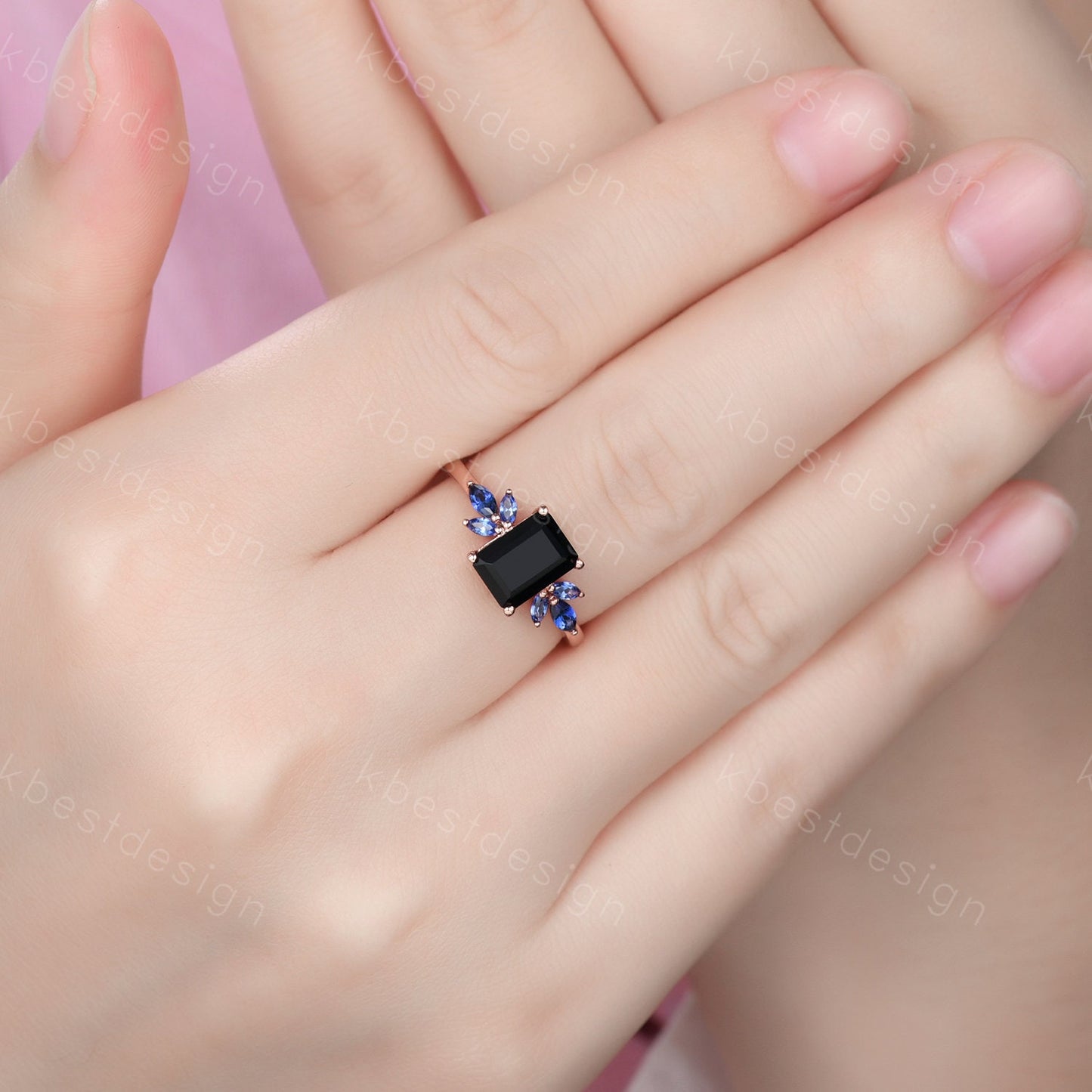 Emerald cut black onyx engagement ring rose gold unique marquise cut blue sapphire ring art deco black stone ring promise anniversary ring