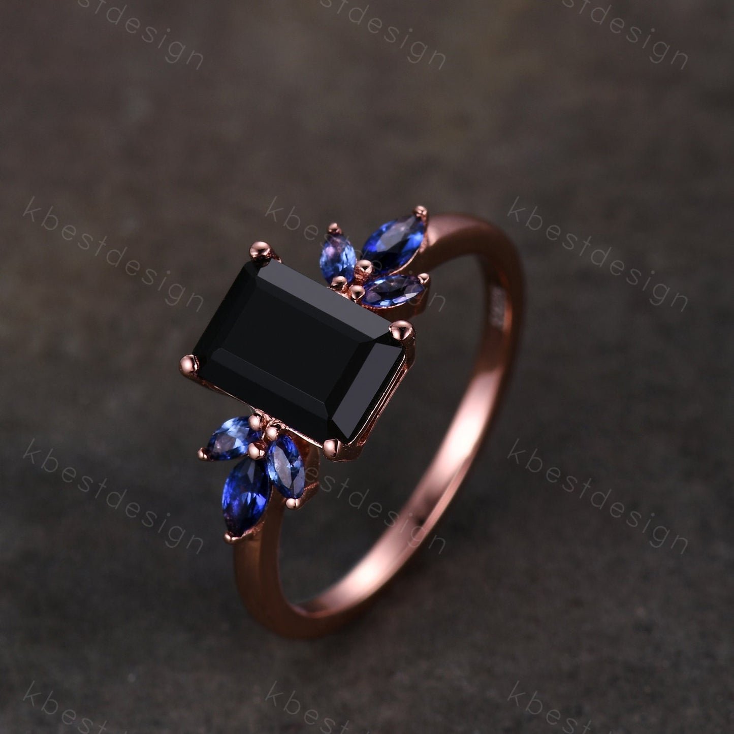 Emerald cut black onyx engagement ring rose gold unique marquise cut blue sapphire ring art deco black stone ring promise anniversary ring