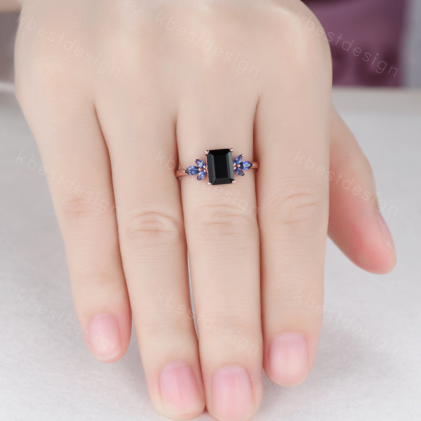 Emerald cut black onyx engagement ring rose gold unique marquise cut blue sapphire ring art deco black stone ring promise anniversary ring