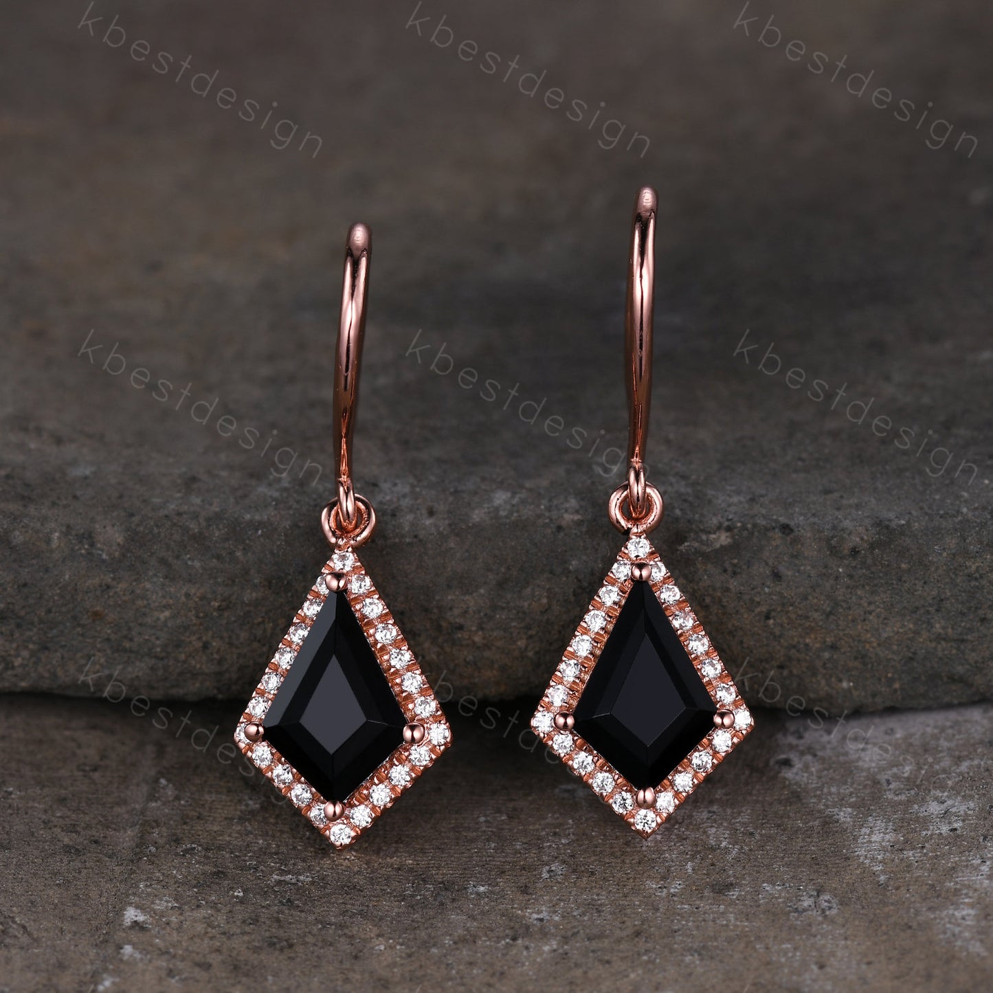 Vintage black onyx dangle drop earrings kite cut earrings art deco rose gold moissanite unique earrings for women anniversary gift
