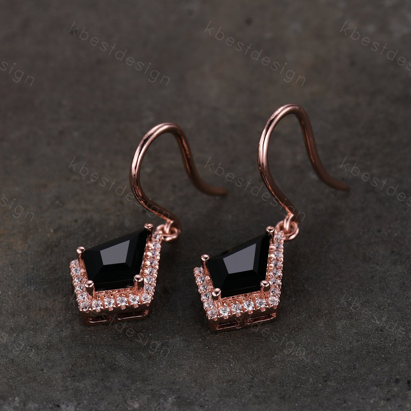 Vintage black onyx dangle drop earrings kite cut earrings art deco rose gold moissanite unique earrings for women anniversary gift