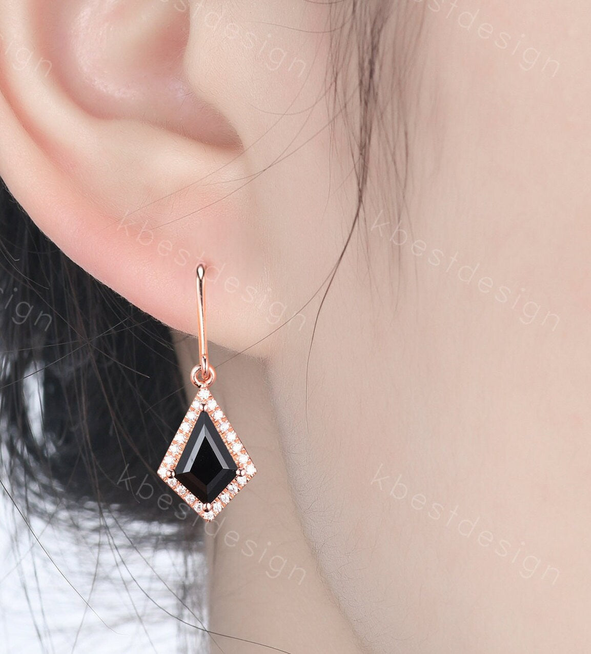 Vintage black onyx dangle drop earrings kite cut earrings art deco rose gold moissanite unique earrings for women anniversary gift