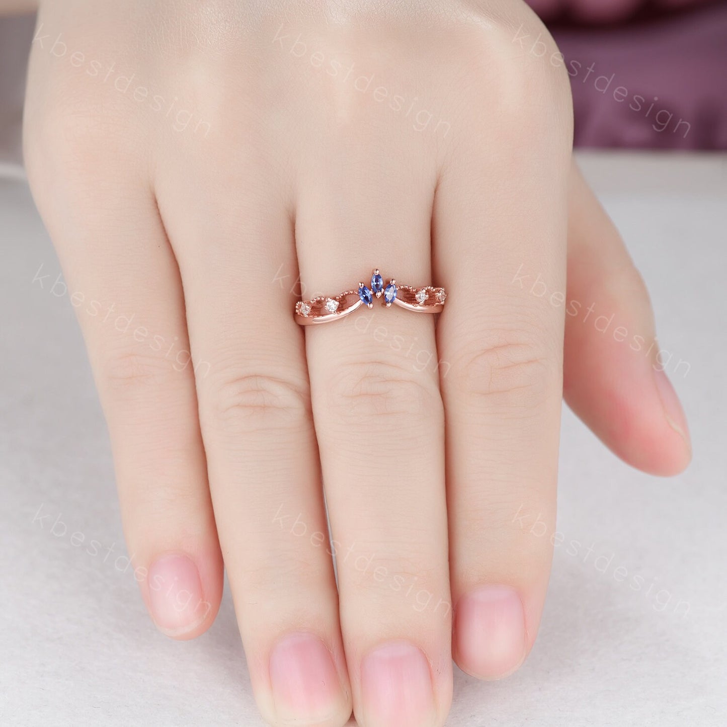 Unique curved blue sapphire wedding band art deco rose gold rings for women marquise cut blue sapphire ring antique moissanite stacking band