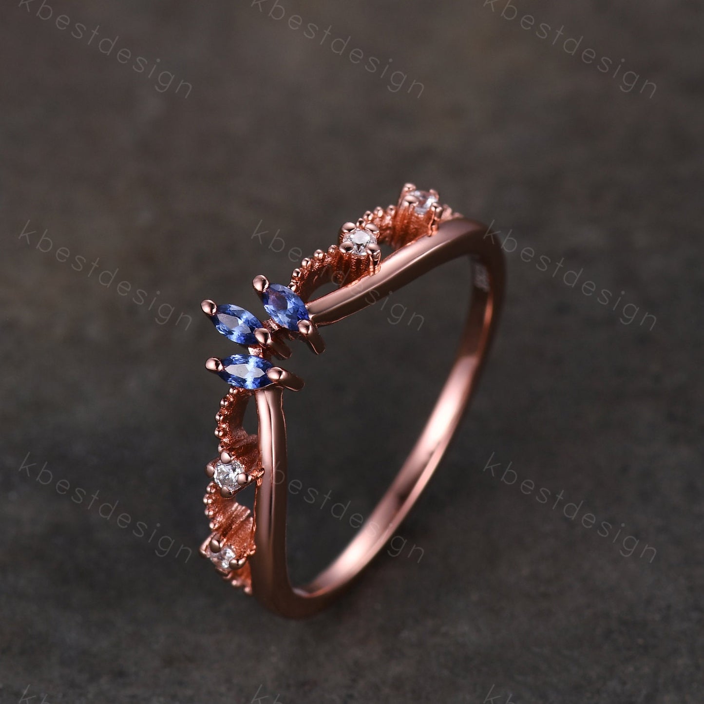 Unique curved blue sapphire wedding band art deco rose gold rings for women marquise cut blue sapphire ring antique moissanite stacking band