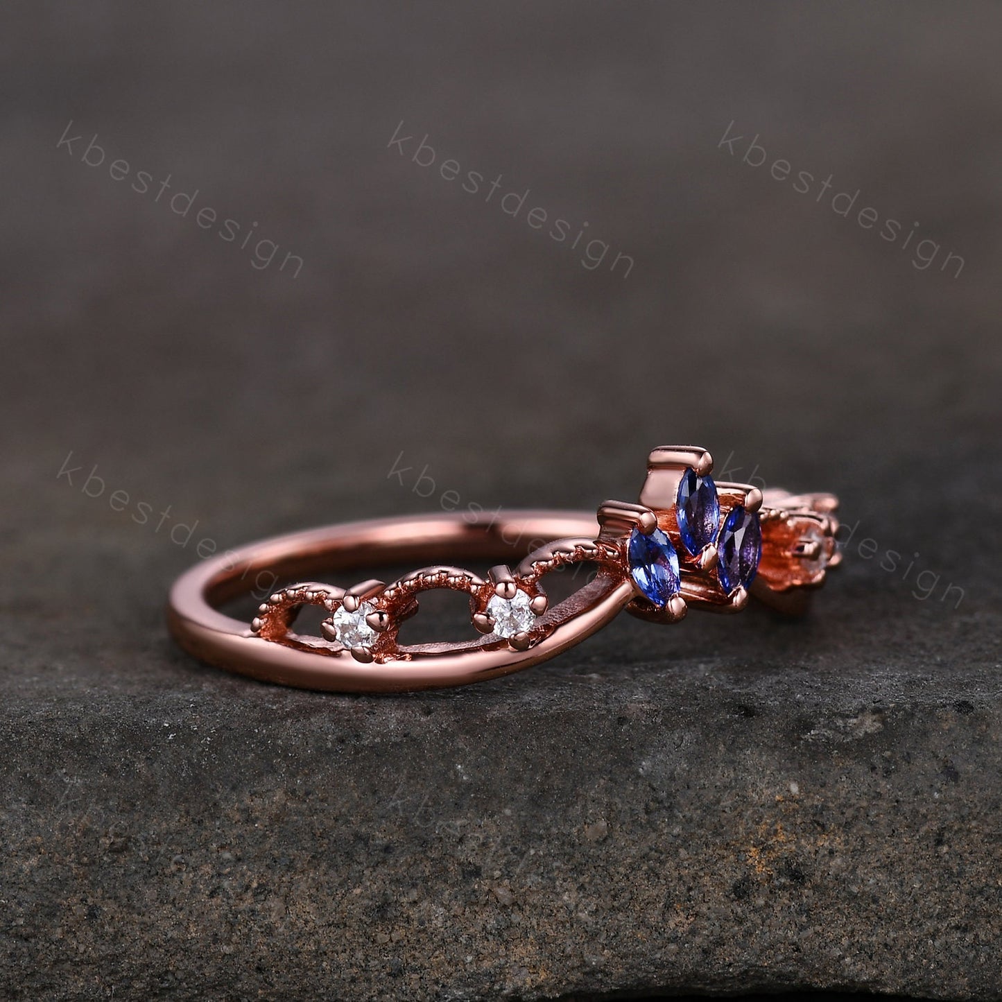 Unique curved blue sapphire wedding band art deco rose gold rings for women marquise cut blue sapphire ring antique moissanite stacking band