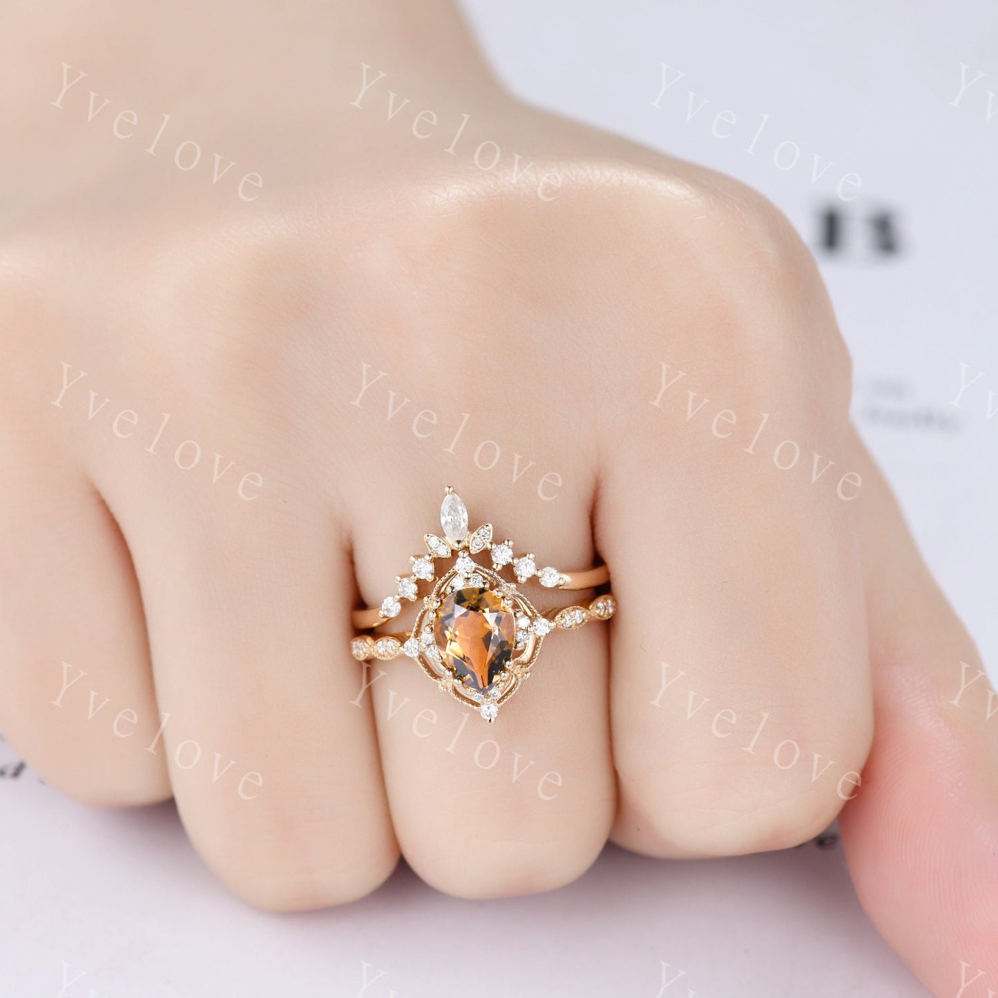 Vintage Smoky Quartz Engagement Ring,Pear Shape Brown Quartz Ring,14K Solid Gold Ring,Unique Women Moissanite Promise Ring For Her,Handmade
