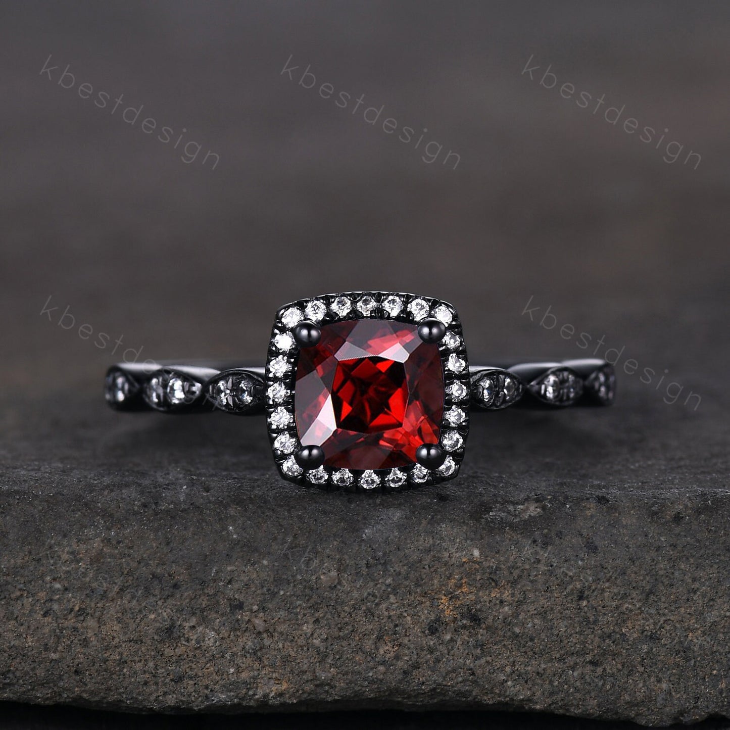 Unique red garnet ring vintage cushion cut garnet engagement ring 14k black gold ring January birthstone ring moissanite anniversary ring