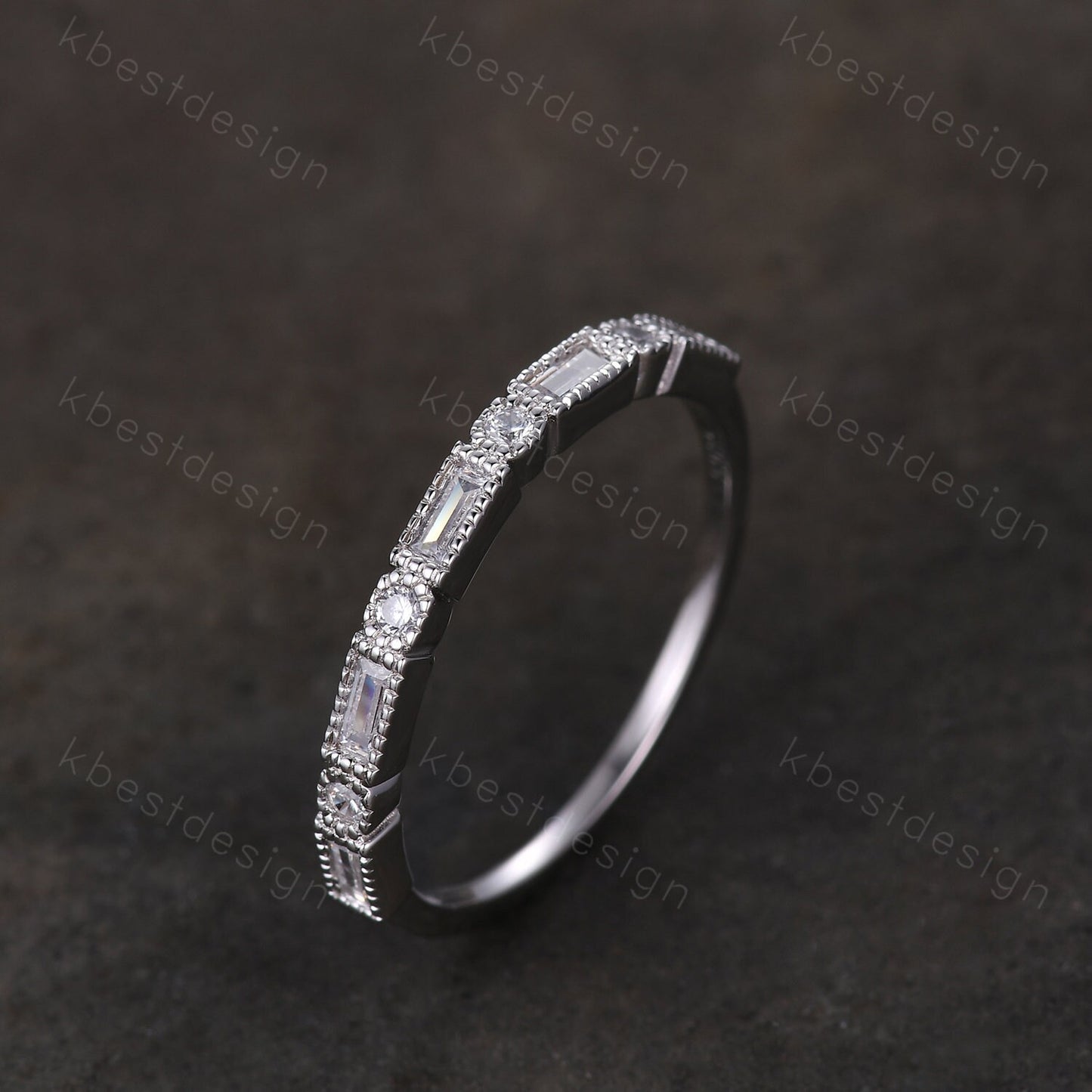 Baguette cut Moissanite wedding band unique art deco half eternity band for women wedding stacking matching band anniversary gift for her