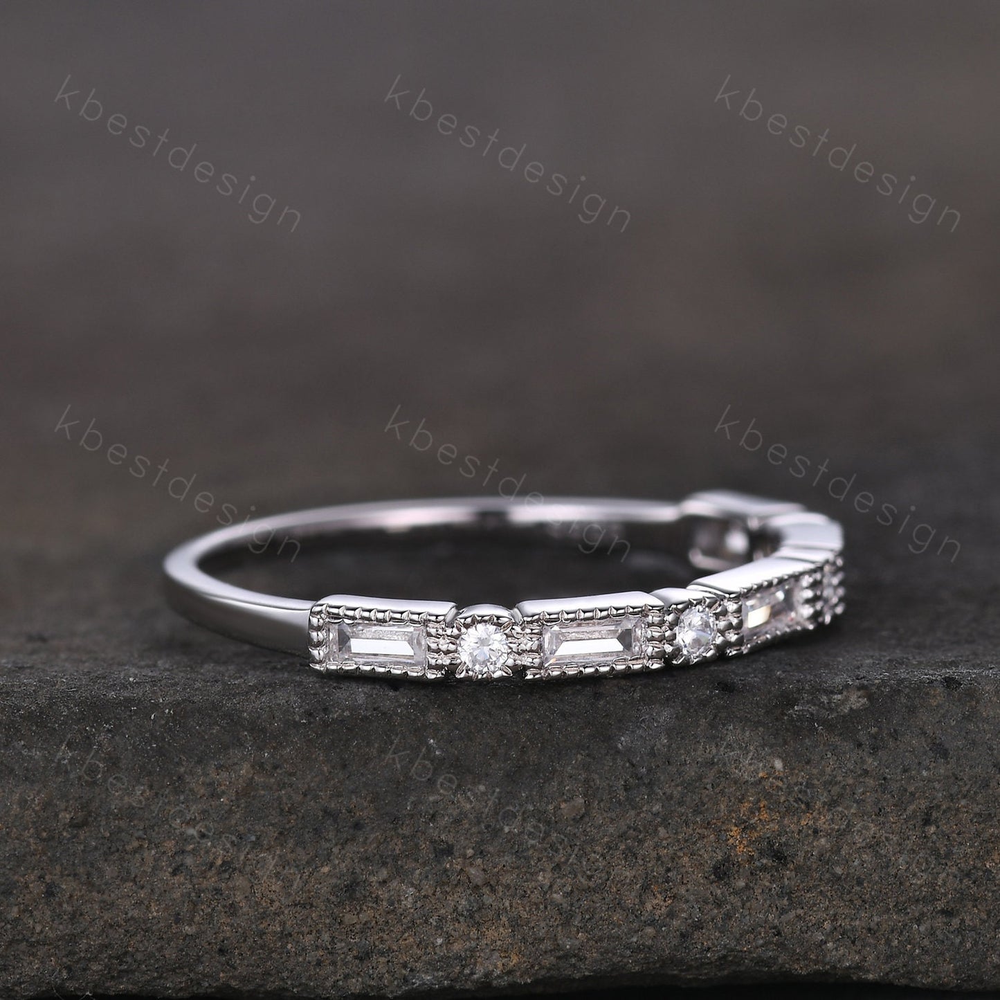 Baguette cut Moissanite wedding band unique art deco half eternity band for women wedding stacking matching band anniversary gift for her