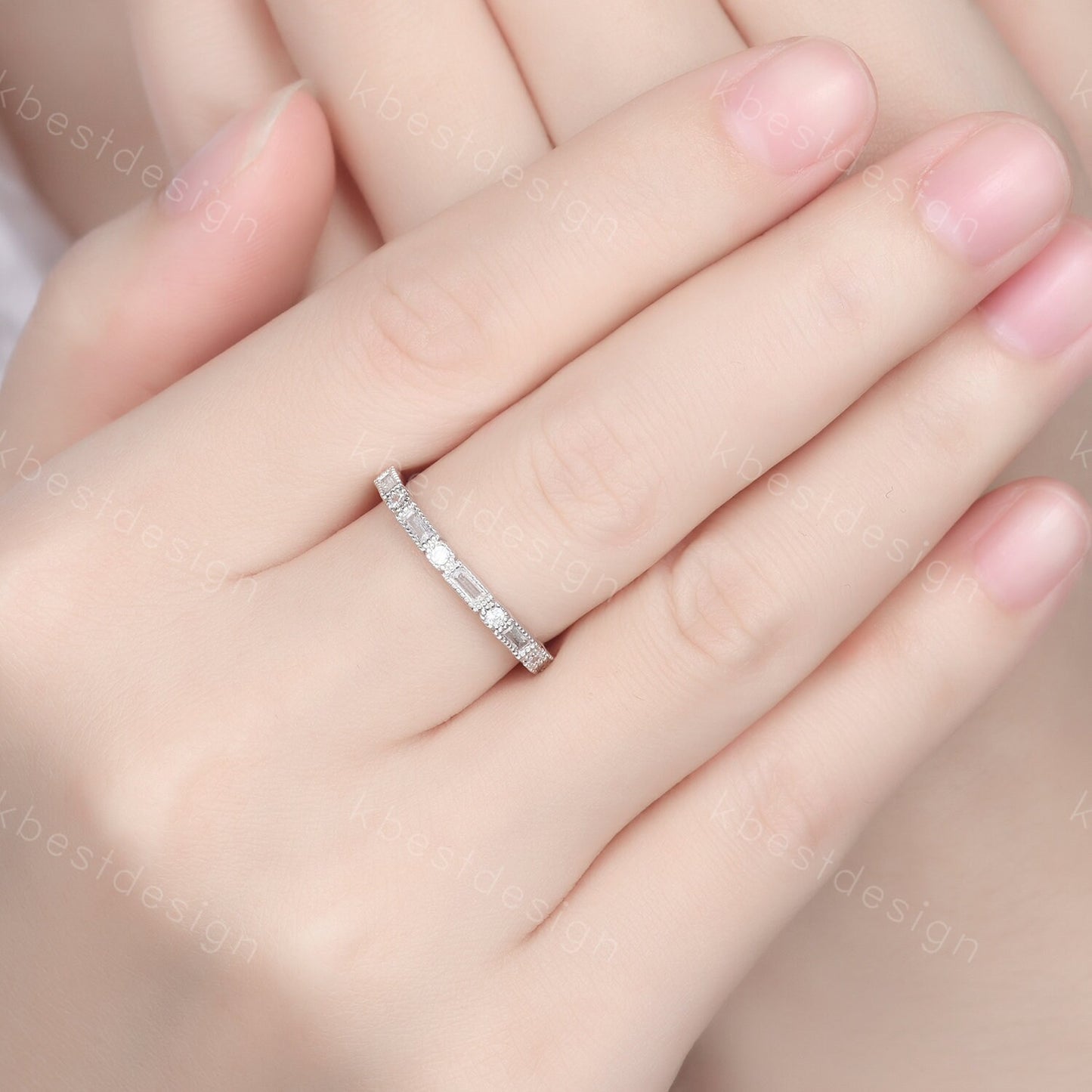 Baguette cut Moissanite wedding band unique art deco half eternity band for women wedding stacking matching band anniversary gift for her