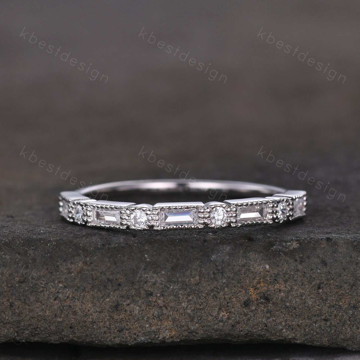 Baguette cut Moissanite wedding band unique art deco half eternity band for women wedding stacking matching band anniversary gift for her