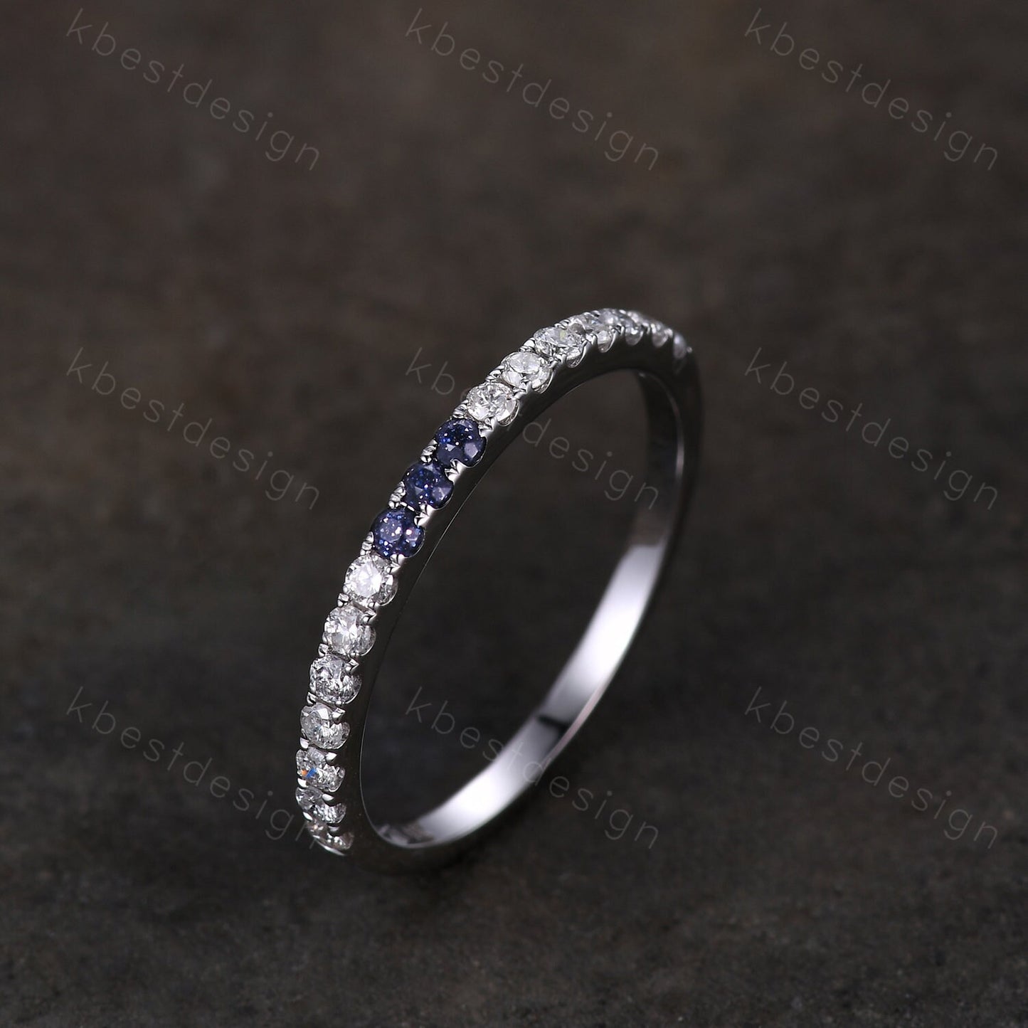 Dainty blue sandstone Moissanite wedding band 1.5mm half eternity band women silver stacking matching band minimalist bridal wedding ring