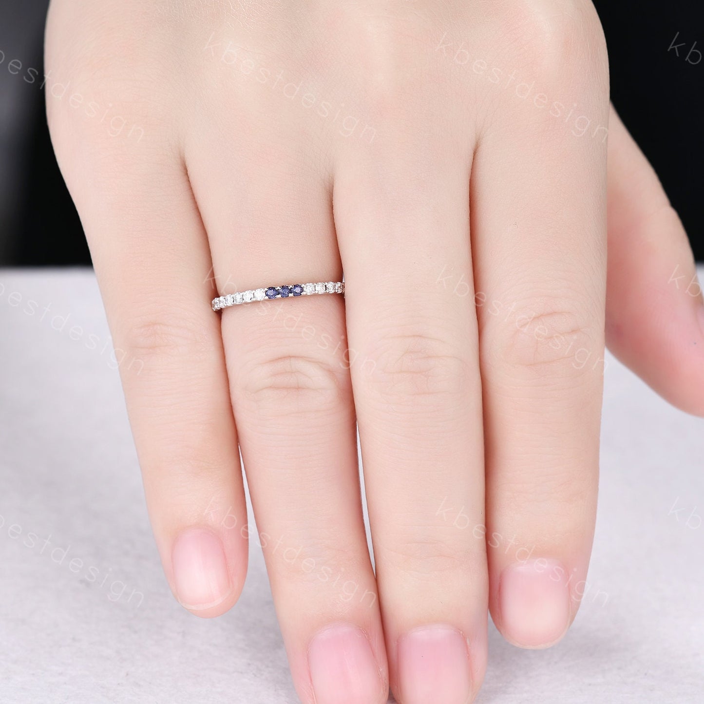 Dainty blue sandstone Moissanite wedding band 1.5mm half eternity band women silver stacking matching band minimalist bridal wedding ring
