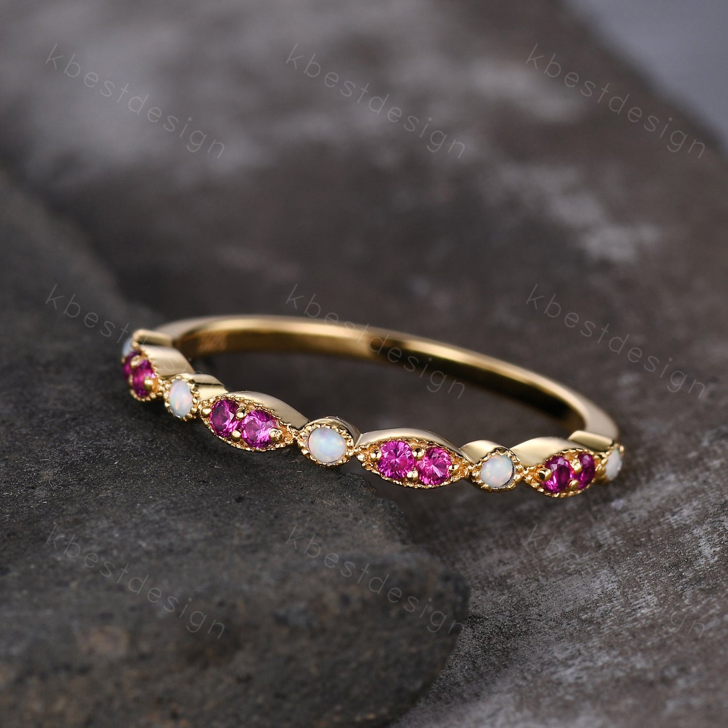 Ruby Opal Wedding Band, Half Eternity Wedding Band, Art Deco Stacking Band, Opal Wedding Ring, Ruby Ring, Anniversary Gift, Yellow gold ring