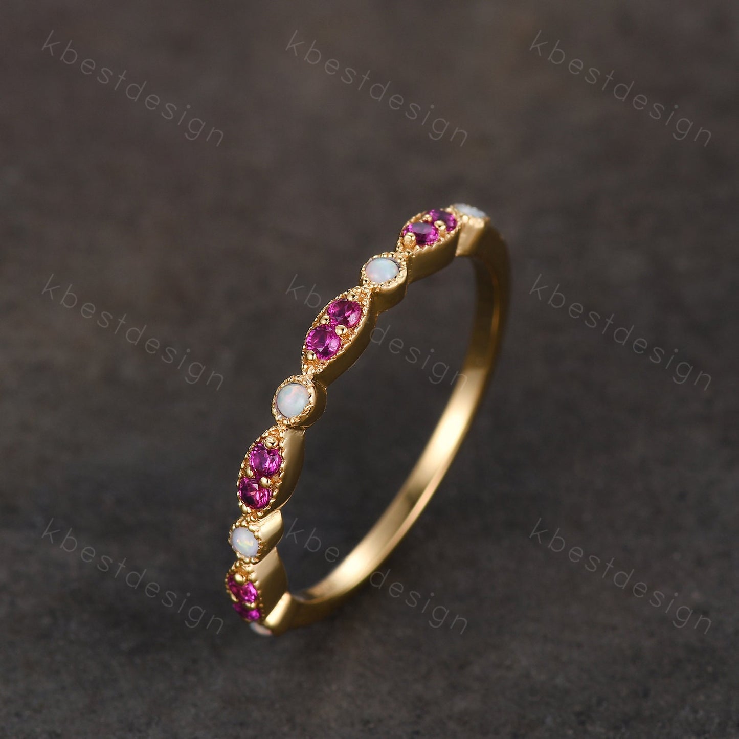 Ruby Opal Wedding Band, Half Eternity Wedding Band, Art Deco Stacking Band, Opal Wedding Ring, Ruby Ring, Anniversary Gift, Yellow gold ring