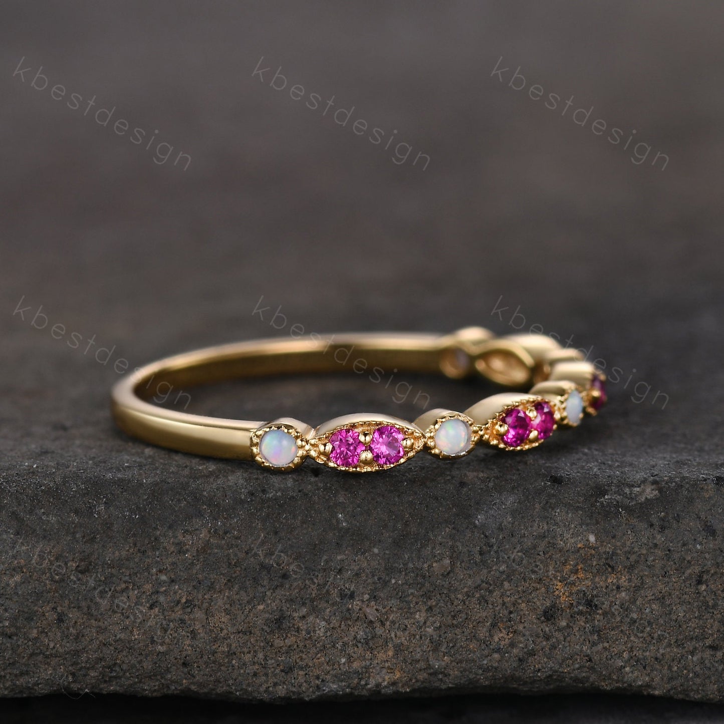 Ruby Opal Wedding Band, Half Eternity Wedding Band, Art Deco Stacking Band, Opal Wedding Ring, Ruby Ring, Anniversary Gift, Yellow gold ring