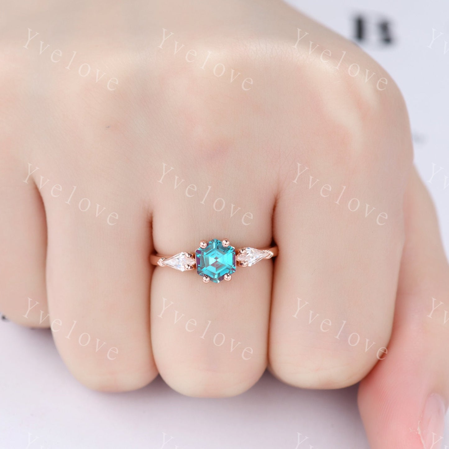 Vintage Hexagon Alexandrite Engagement Ring Set Rose Gold Women Moissanite Matching Band Promise Bridal Stacking Ring Set Gift for her