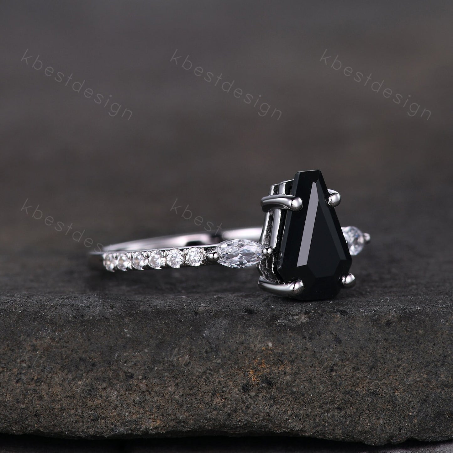 Coffin shaped black onyx engagement ring vintage white gold rings for women art deco marquise cut moissanite ring antique promise ring